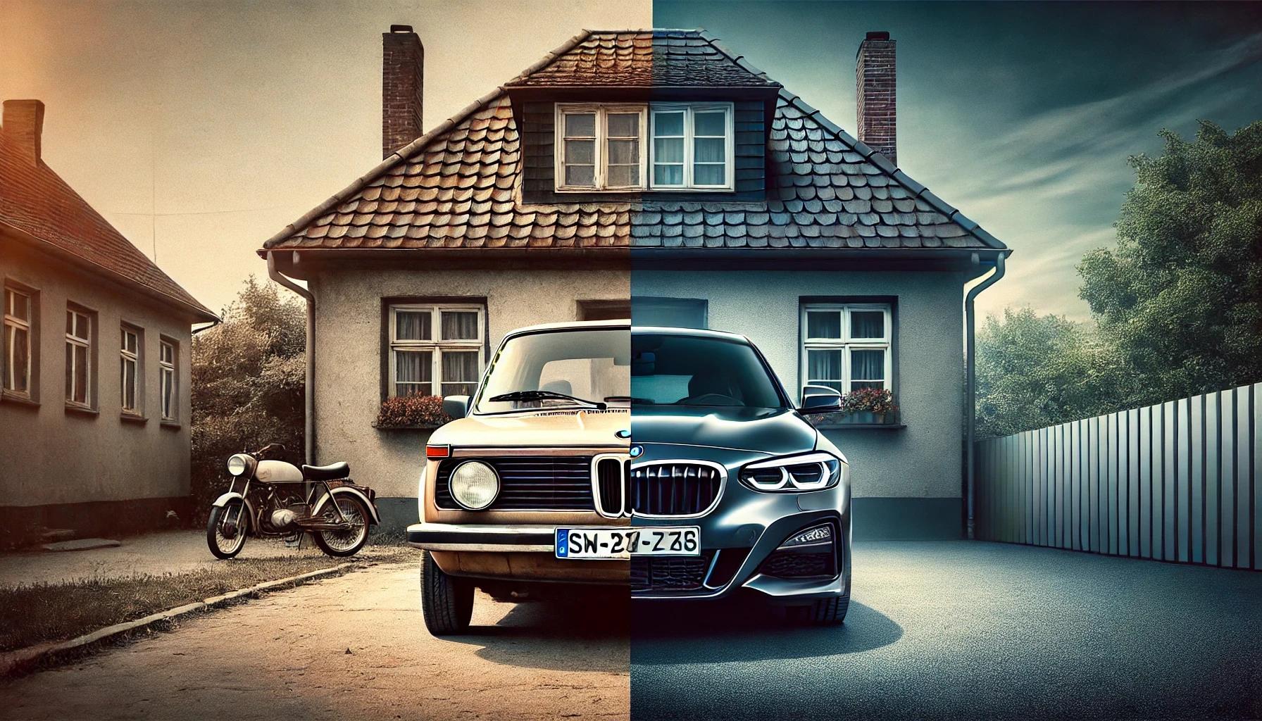 Geteiltes Bild: links steht ein BMW 1er aus den 1980er Jahren und rechts ein modernes Modell aus der heutigen Zeit