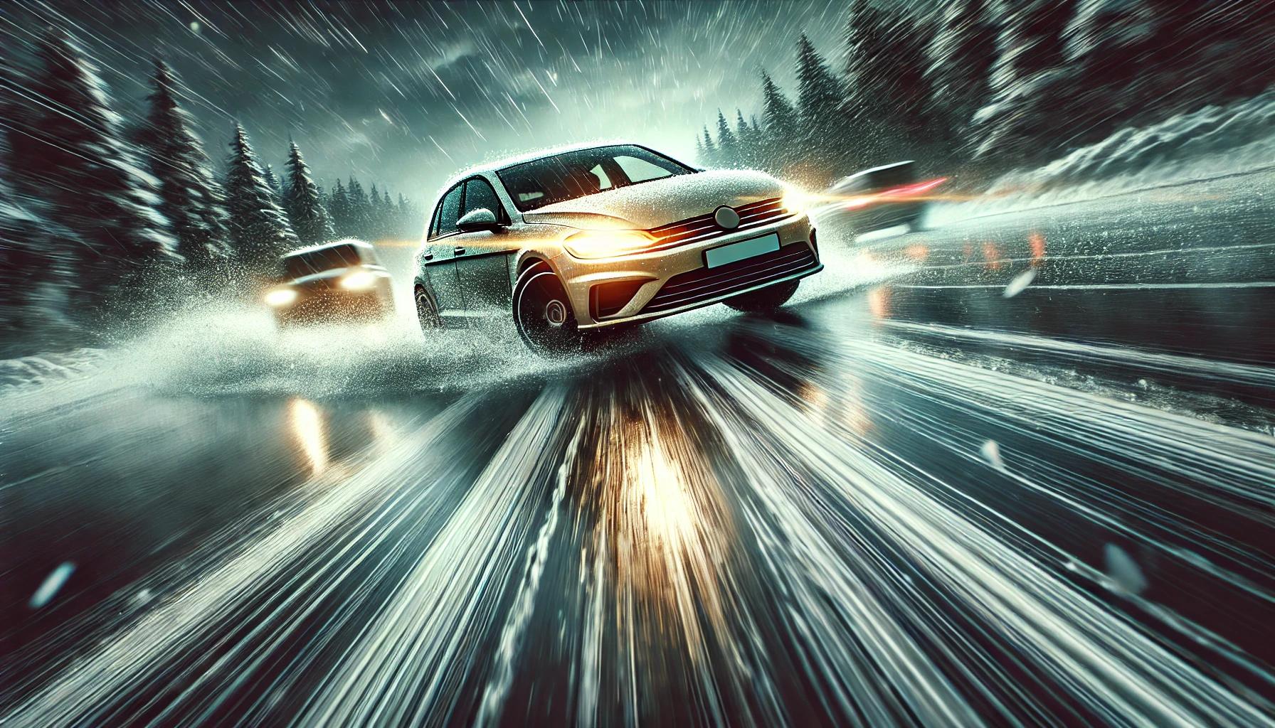 Das Bild zeigt eine extreme Bremssituation auf einer nassen oder rutschigen Straße. Im Vordergrund ist ein Auto zu sehen, das gerade eine abrupte Notbremsung durchführt, erkennbar an den deutlichen Reifenspuren auf der Straße. Die Straße wirkt feucht, möglicherweise durch Regen oder Eis, und reflektiert das Licht der Scheinwerfer des Fahrzeugs. Das Auto scheint leicht ins Schleudern zu geraten, was die Dramatik der Szene unterstreicht. Im Hintergrund sind Bäume oder andere Fahrzeuge verschwommen zu erkennen