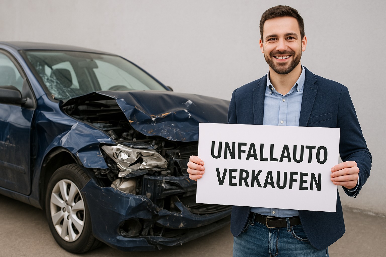 unfallwagen-schwarz_auto-defekt_auto-nach-unfall_mann-mit-aushang-unfallauto-verkaufen_unfallauto