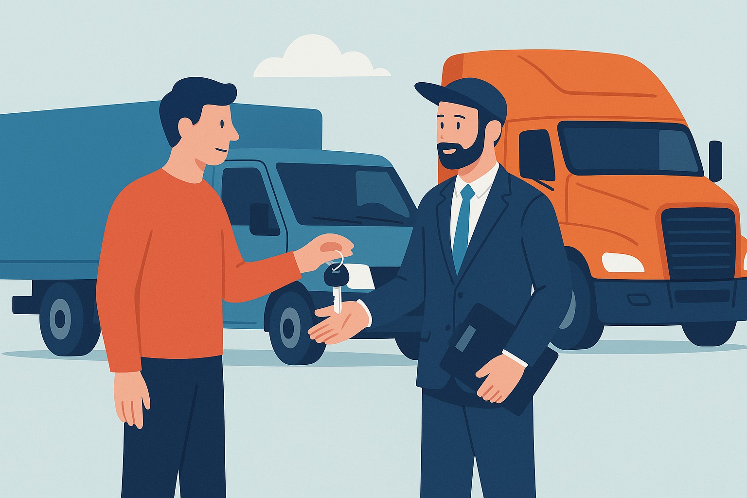 Illustration: Schlüsselübergabe zwischen Verkäufer und Händler vor Transporter und Lkw – Symbolbild für schnellen Fahrzeugverkauf in Wuppertal.