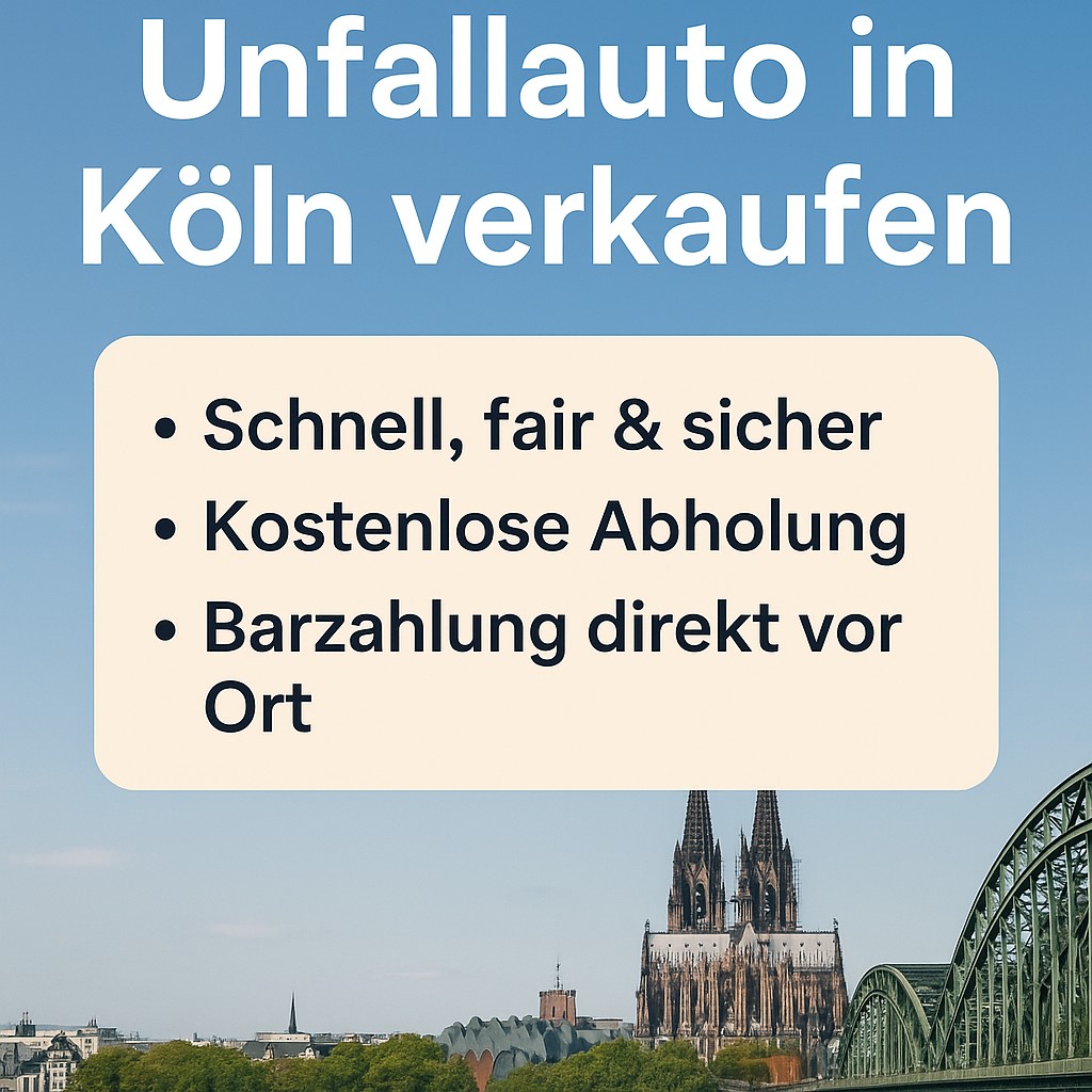 Digitales Werbebild: Unfallauto in Köln verkaufen mit Autoankauf ADAM – schnell, fair & sicher, kostenlose Abholung, Barzahlung vor Ort.
