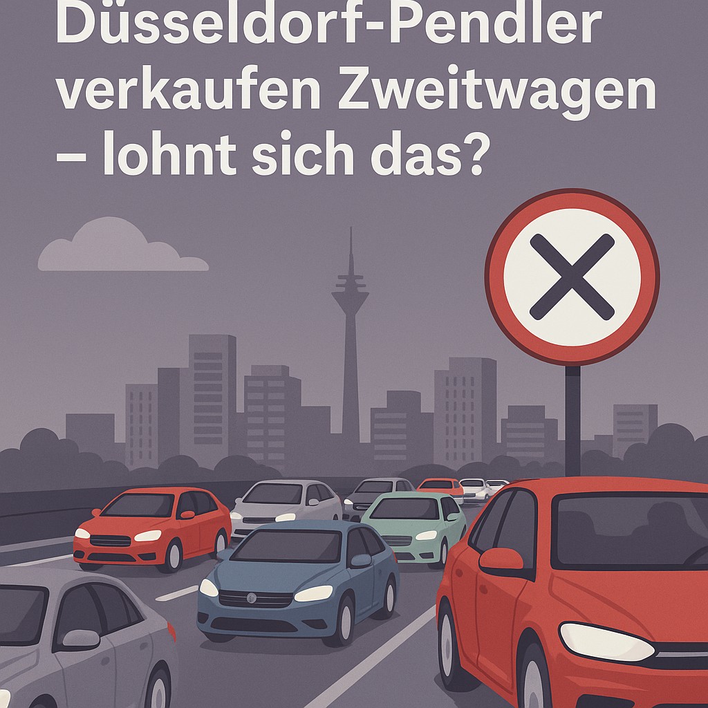 Illustration zeigt dichten Verkehr auf einer Düsseldorfer Stadtautobahn mit Skyline und Verkehrsschild – symbolisiert den Zeitverlust durch Staus und den Trend zum Zweitwagenverkauf.