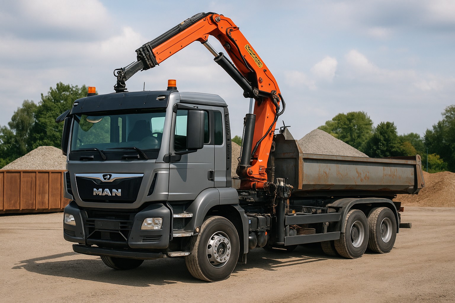 Abrollkipper mit Kranaufbau von MAN auf Baustelle – bereit für Verkauf oder Abholung
