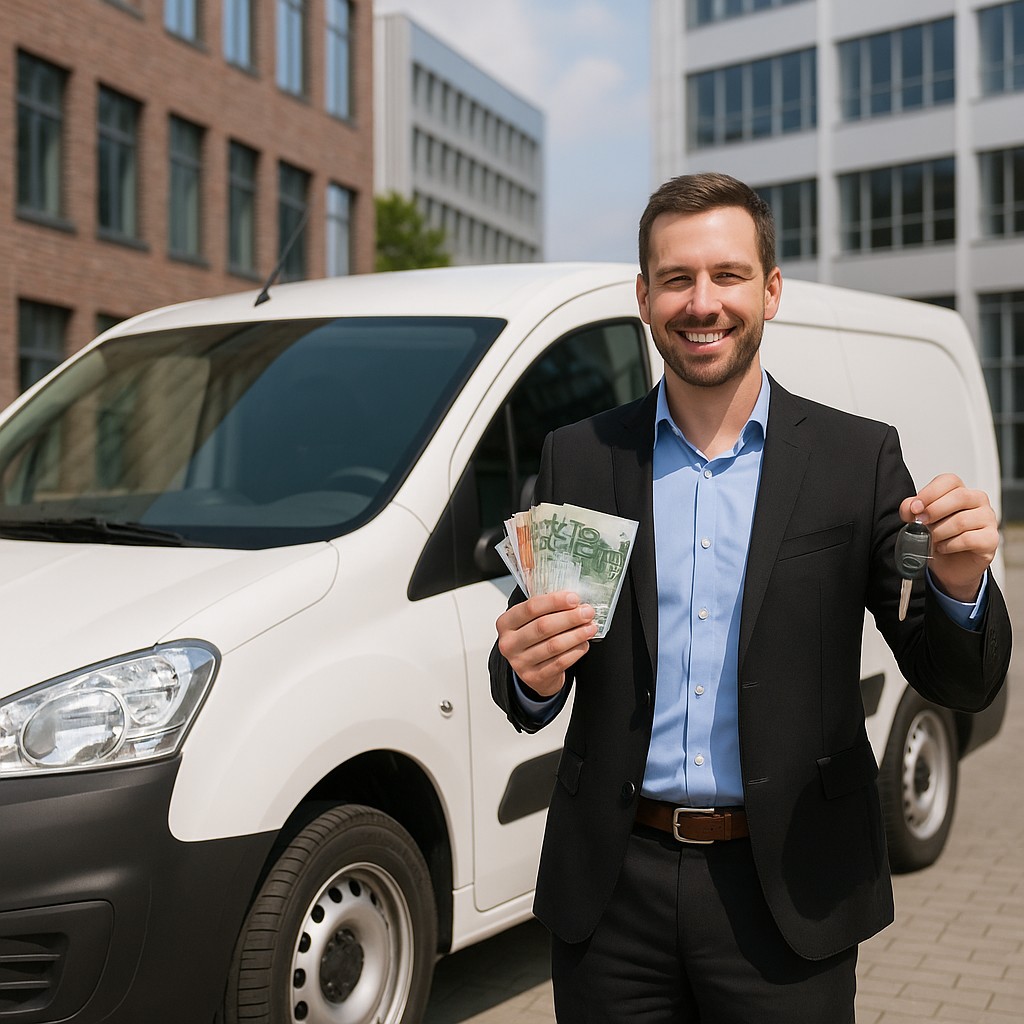 Ein Geschäftsmann vor einem weißen Lieferwagen hält Autoschlüssel und Geldscheine – symbolisiert schnellen und seriösen Fahrzeugverkauf.