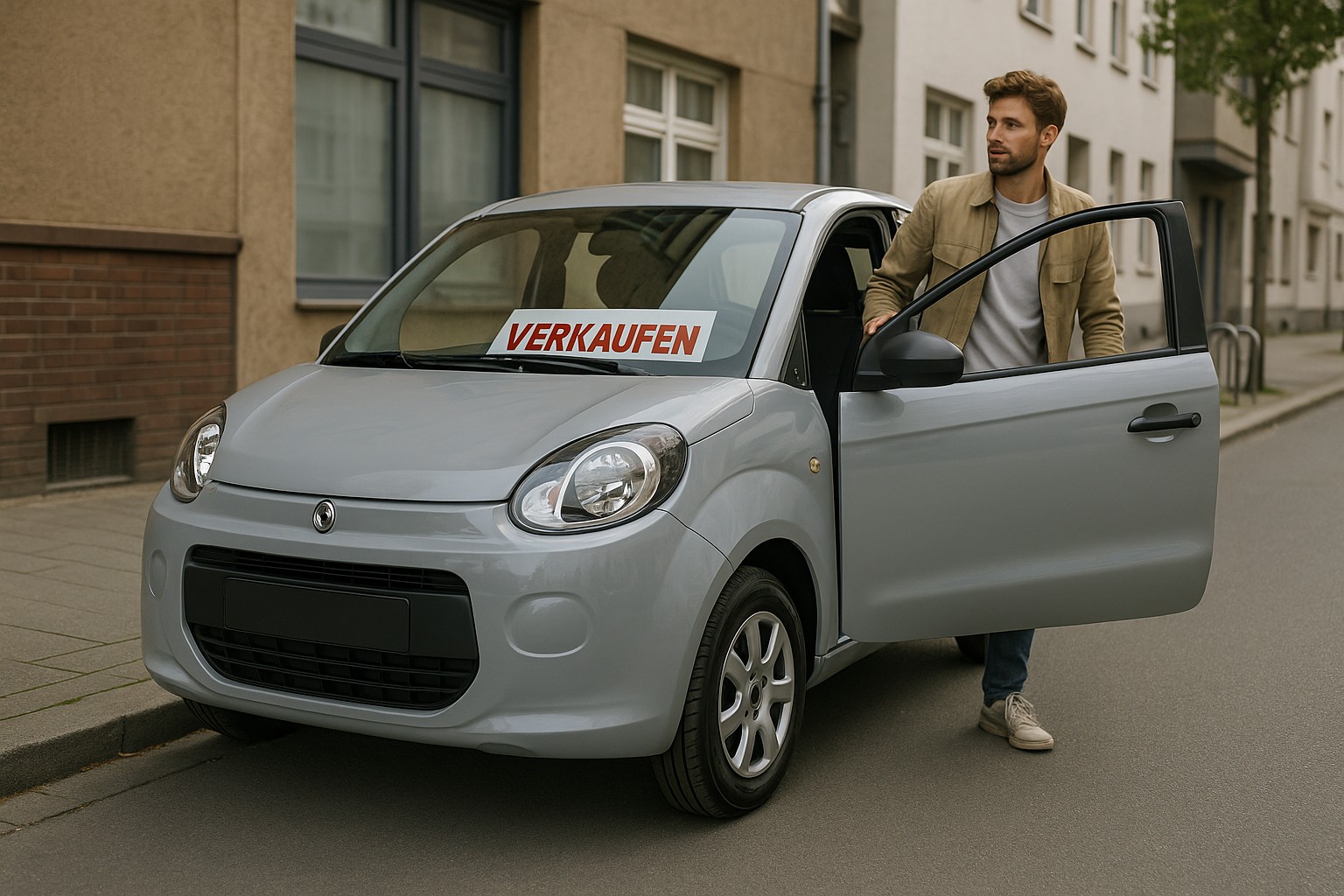 Graues Microcar mit rotem „Verkaufen“-Schild in der Windschutzscheibe, junger Mann öffnet die Fahrertür in ruhiger Stadtstraße – ideal für die Kategorie „Mopedauto verkaufen“.