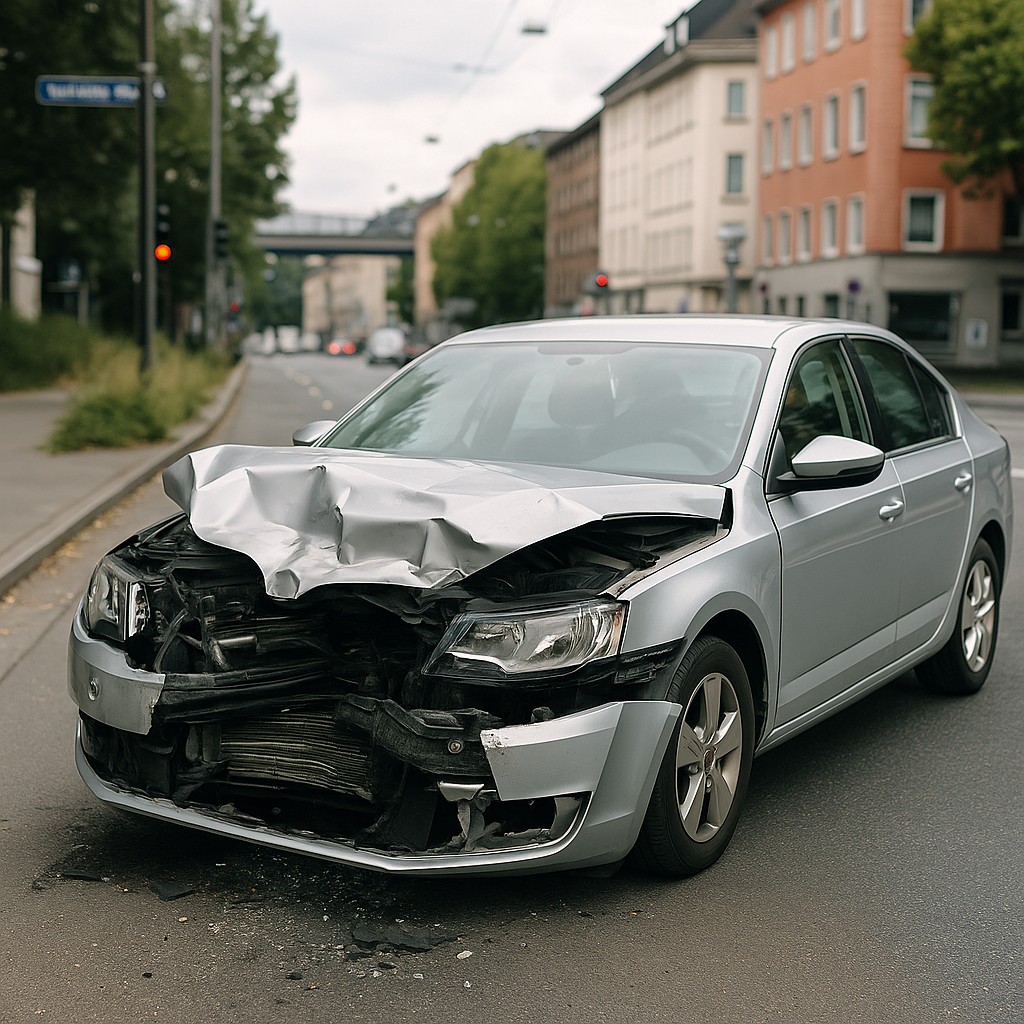 Silberner PKW mit Frontschaden nach Unfall auf innerstädtischer Straße in Wuppertal. Deutlich sichtbarer Totalschaden an der Fahrzeugfront.