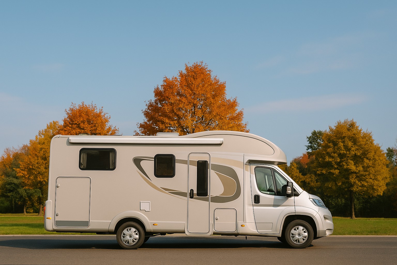 Beiges Wohnmobil im Herbst vor bunten Laubbäumen – ideal zur Illustration eines Wohnmobilverkaufs nach dem Urlaub.