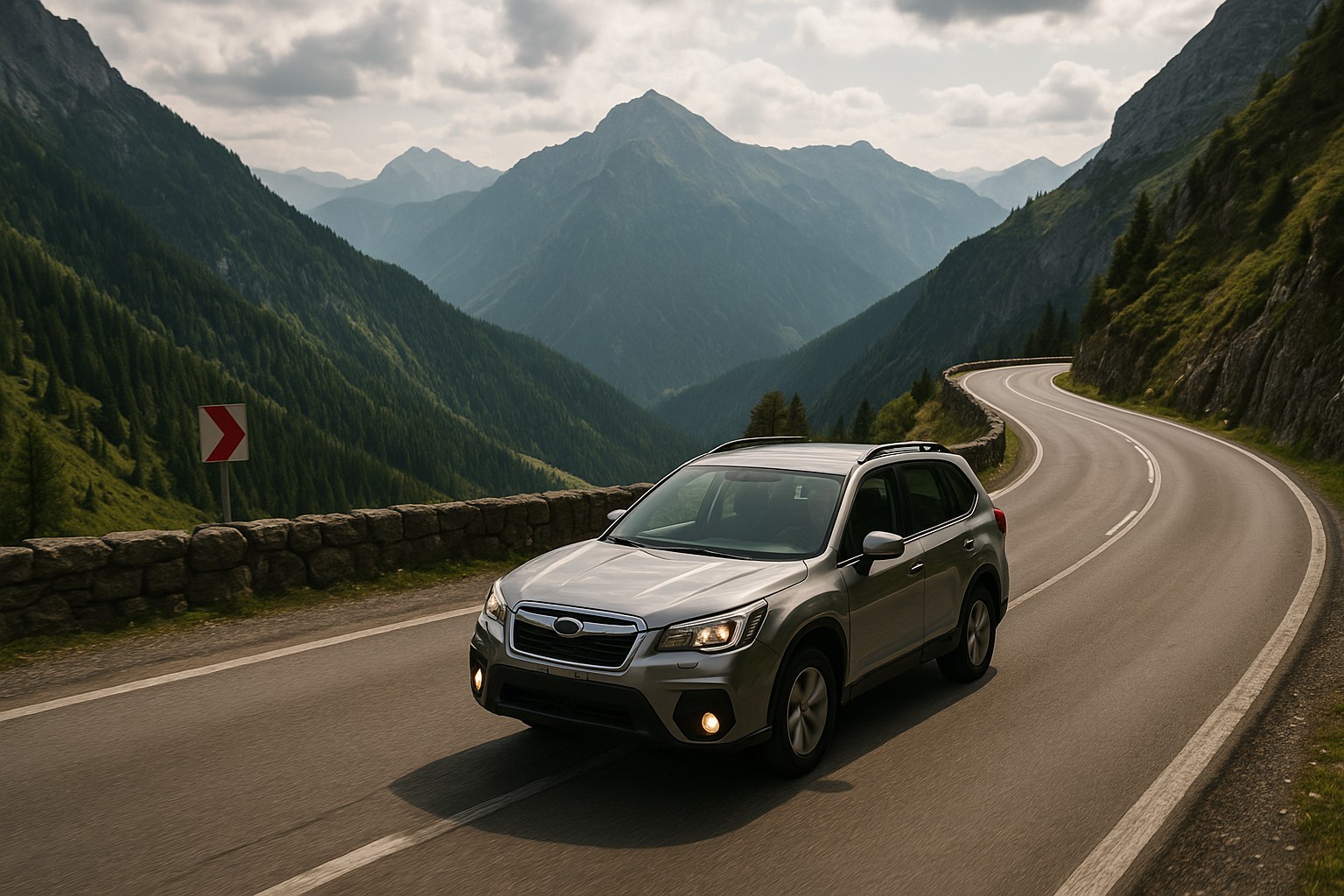 Silberner SUV auf kurviger Bergstraße mit Panoramablick – sicher unterwegs in alpiner Landschaft bei Tageslicht.