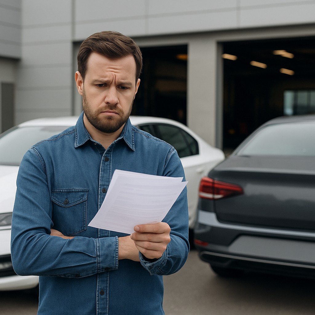 Ein Mann steht nachdenklich vor einem Autohaus und betrachtet eine Reparaturrechnung – im Hintergrund moderne Fahrzeuge und eine Werkstatthalle.