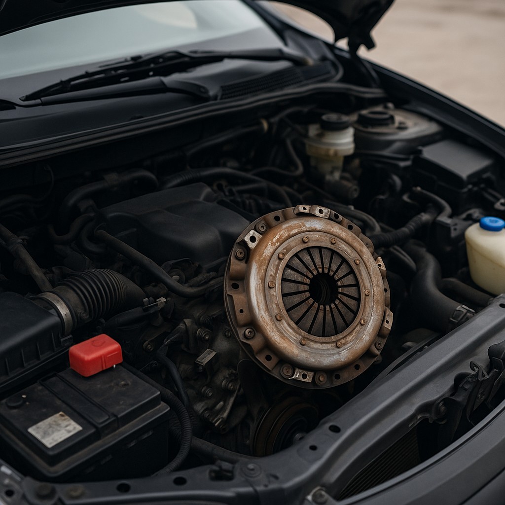 Offene Motorhaube mit freiliegender Kupplung – deutlicher Verschleiß an der Kupplungsscheibe eines Fahrzeugs.
