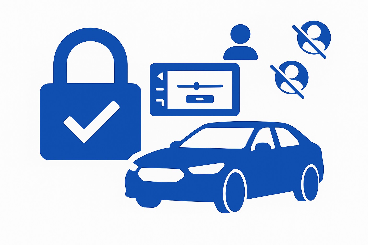 Symbolgrafik zur sicheren Datenlöschung im Auto vor dem Verkauf – mit Infotainmentsystem, Benutzer-Icons und Check-Symbol im Flat-Design.