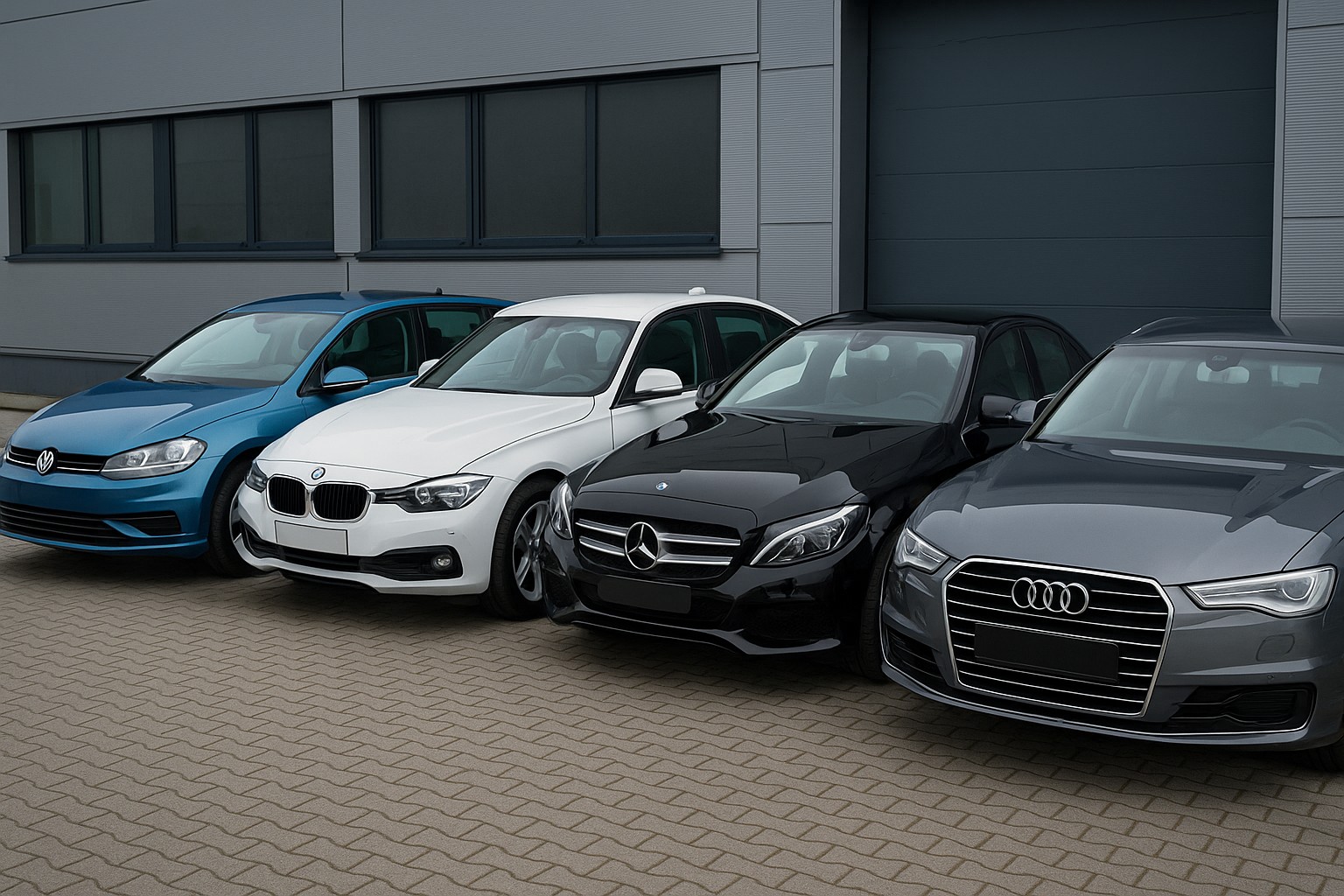 Vier hochwertige Fahrzeuge – VW Golf, BMW 3er, Mercedes C-Klasse und Audi A6 – vor moderner Gewerbefassade in Düsseldorf.