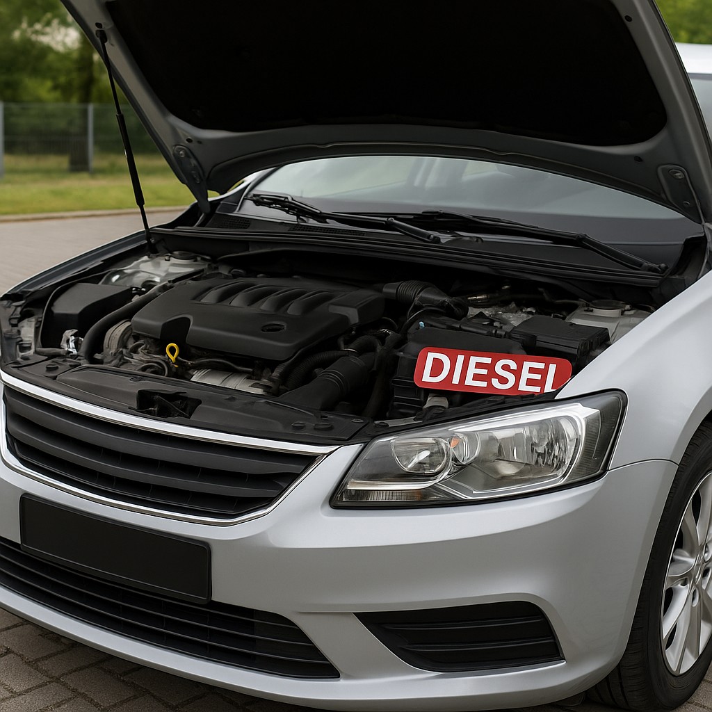 Dieselauto mit geöffnetem Motorraum – Symbolbild für Motorschaden und Verkauf defekter Dieselfahrzeuge.