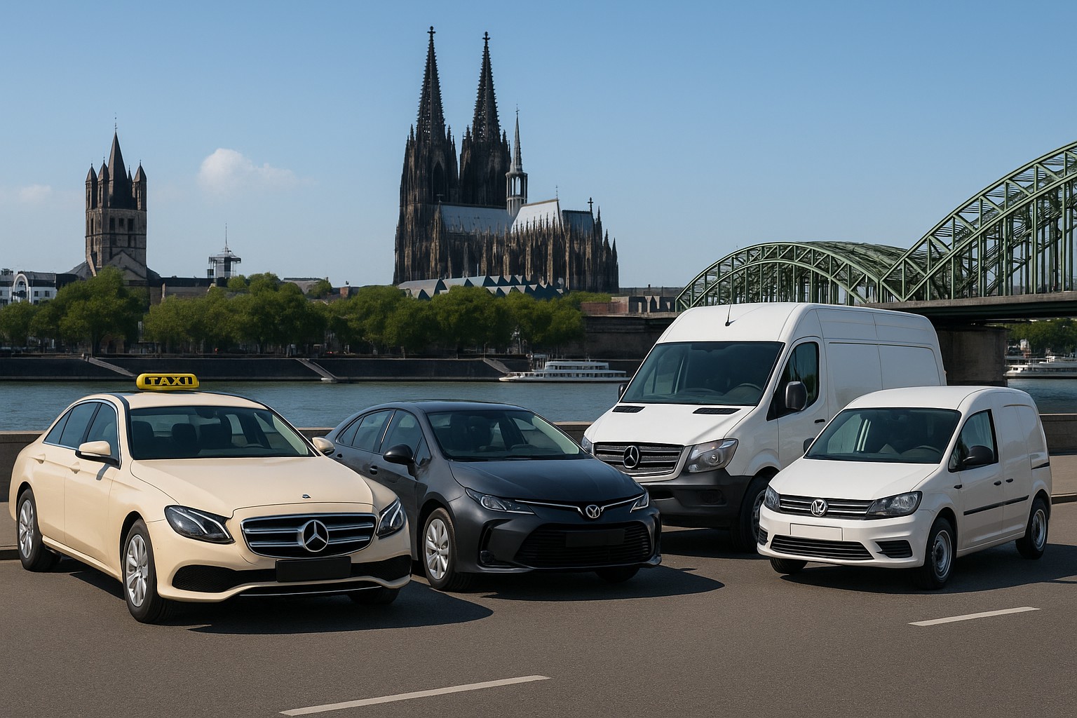Taxi, Uber-Fahrzeug und Lieferwagen vor dem Kölner Dom – Symbol für Fahrzeugverkauf in Köln.