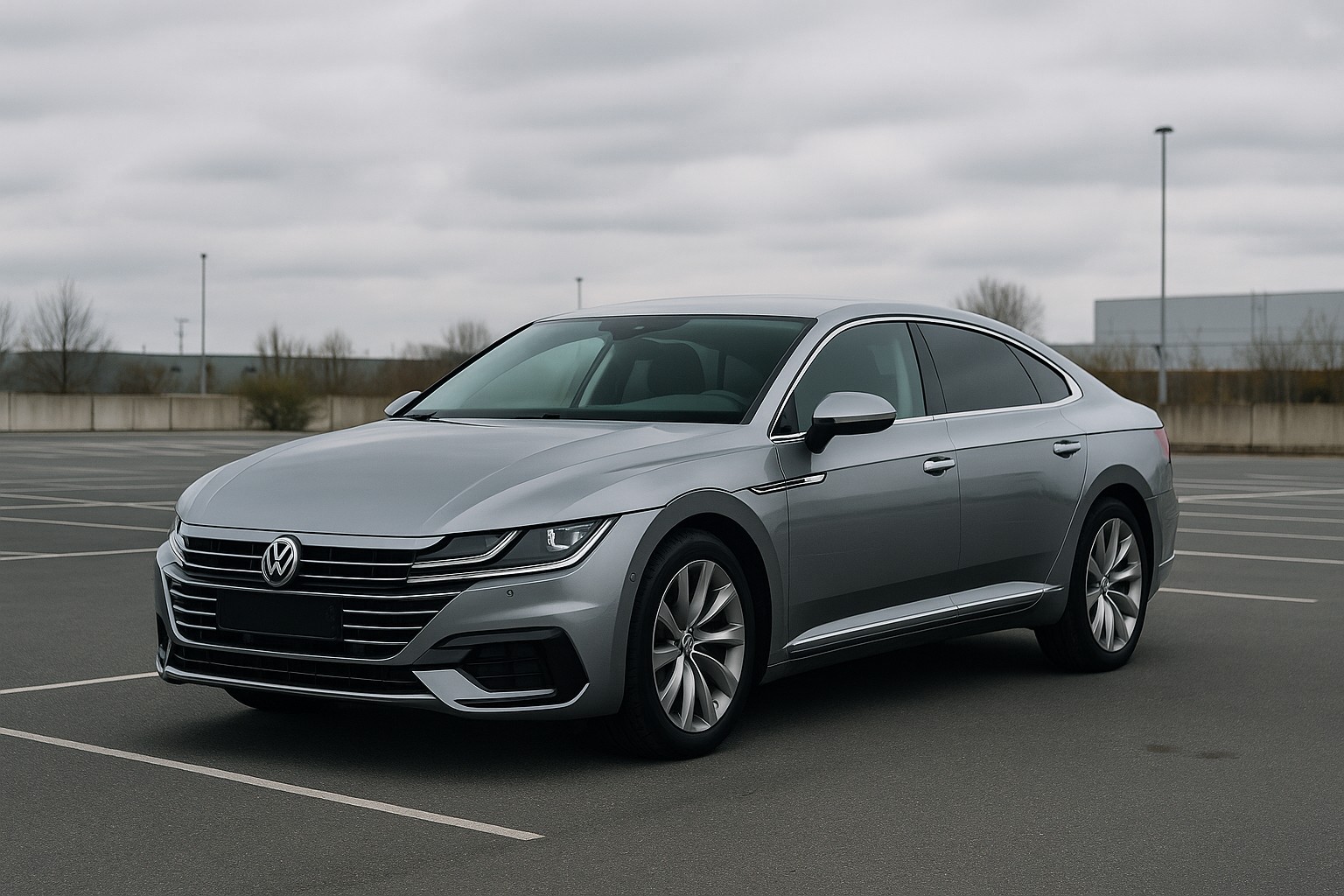 Silberner VW Arteon auf leerem Parkplatz unter bewölktem Himmel, schräg fotografiert für elegante Fahrzeugdarstellung.