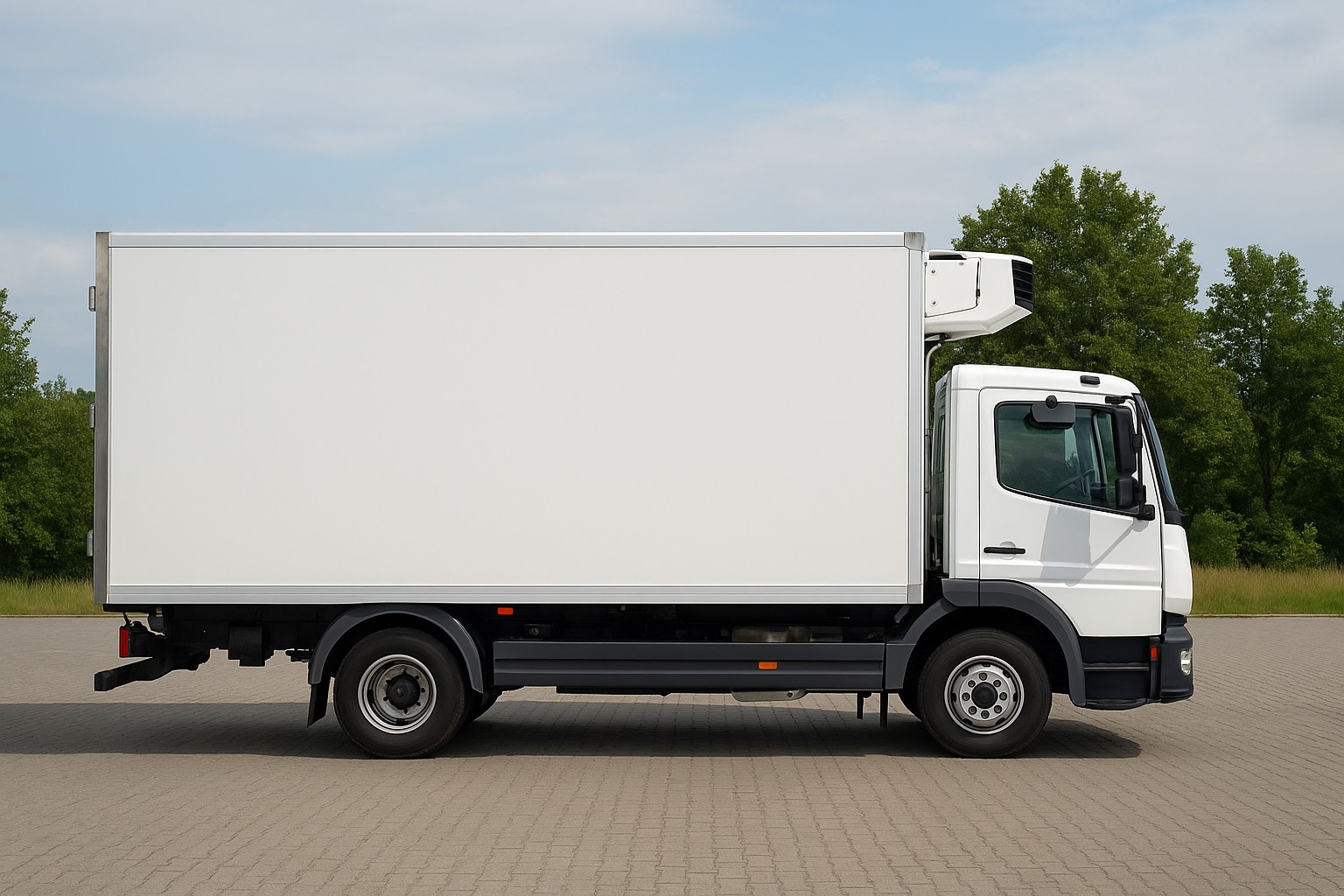 Moderner weißer Kühlwagen auf Parkplatz – Symbolbild für Kühlfahrzeuge im Verkauf bei Autoankauf ADAM.