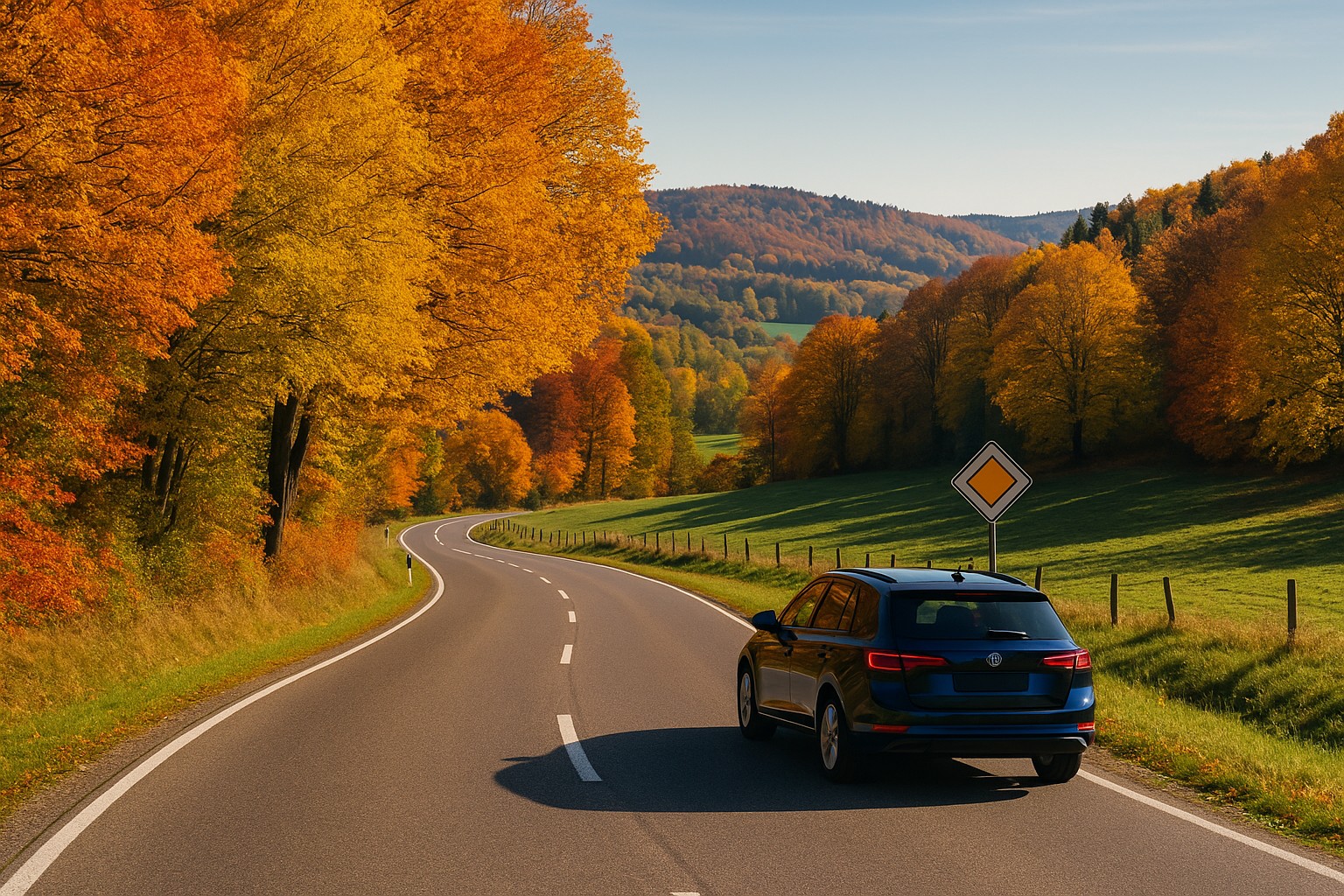 Auto fährt auf kurviger Landstraße durch herbstliche Landschaft in Deutschland, umgeben von bunten Bäumen und Hügeln.