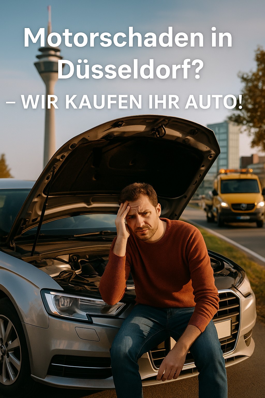 Symbolfoto: Autofahrer mit Motorschaden in Düsseldorf, Rheinturm im Hintergrund – Autoankauf ADAM kauft defekte Fahrzeuge fair & schnell.