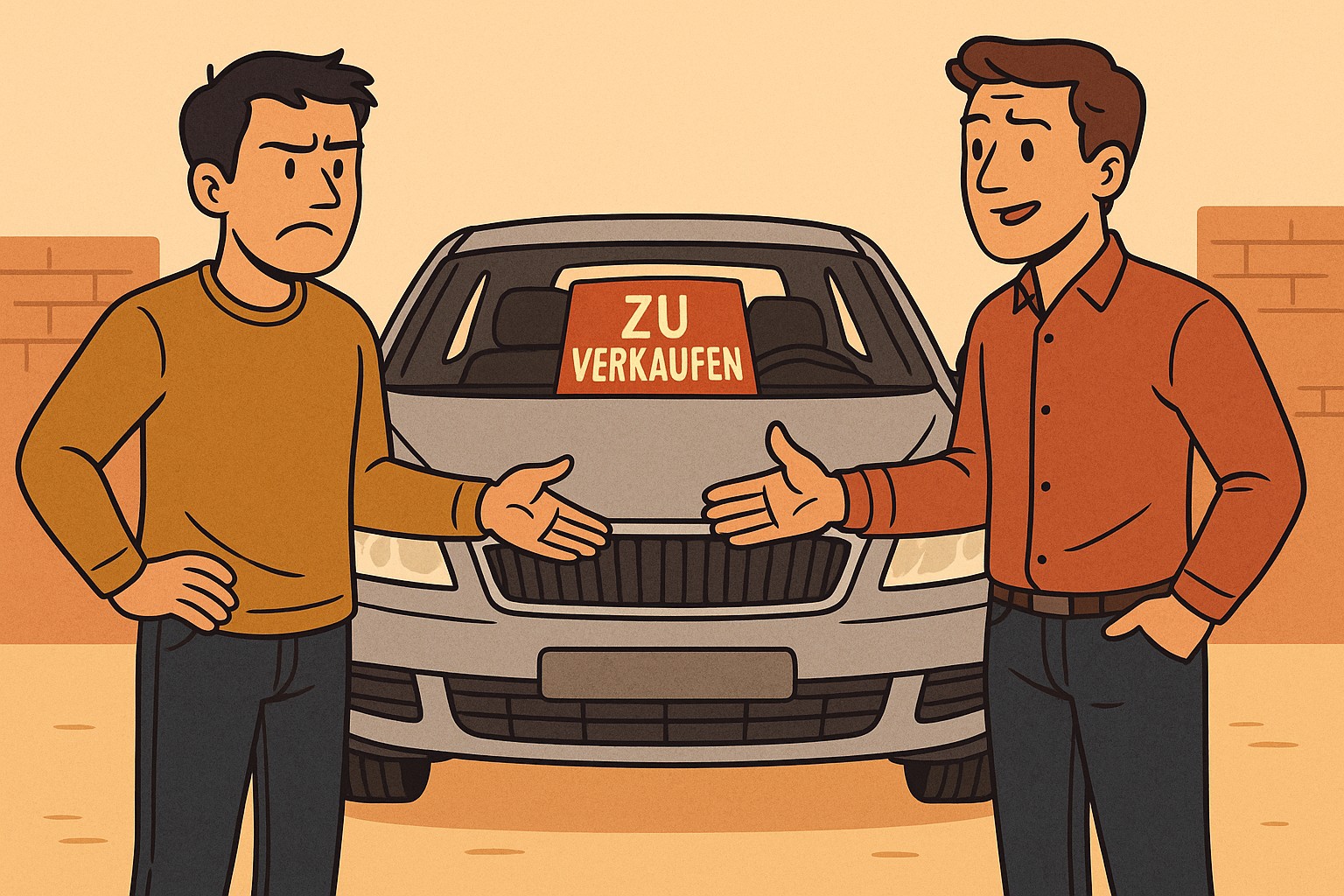 Humorvolle Illustration: Zwei Freunde verhandeln über ein Auto mit „Zu verkaufen“-Schild – Vertrauen trifft auf Konfliktpotenzial.