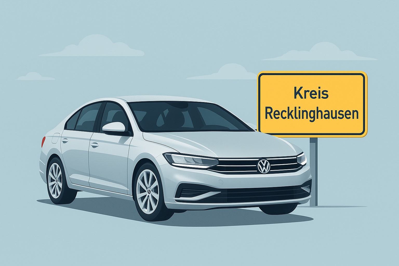 Modernes Auto vor gelbem Ortsschild ‚Kreis Recklinghausen‘ – stilvolle Illustration mit regionalem Bezug.