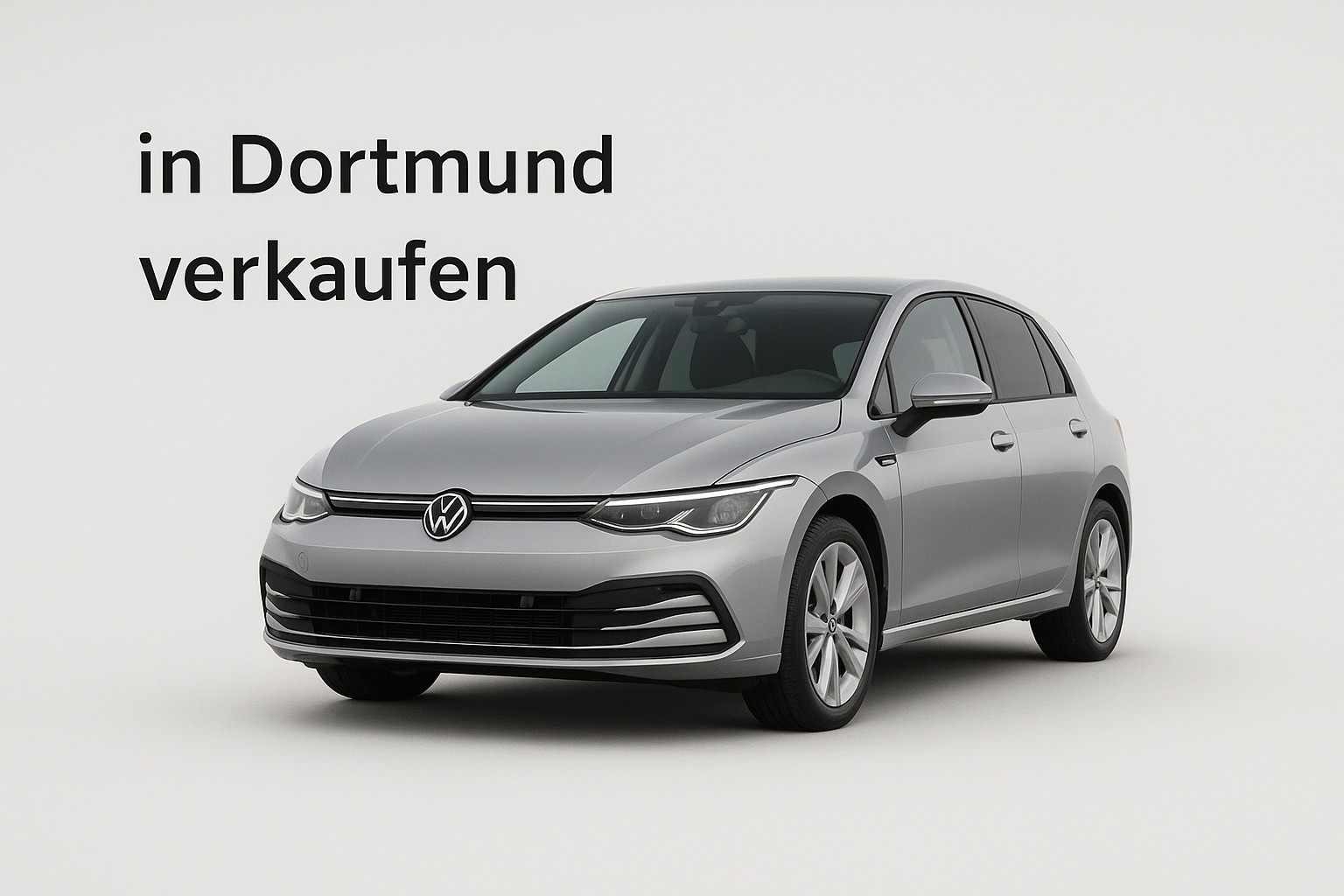 Silberner VW Golf 8 mit Schriftzug „in Dortmund verkaufen“ – modernes Fahrzeug auf hellem Hintergrund.