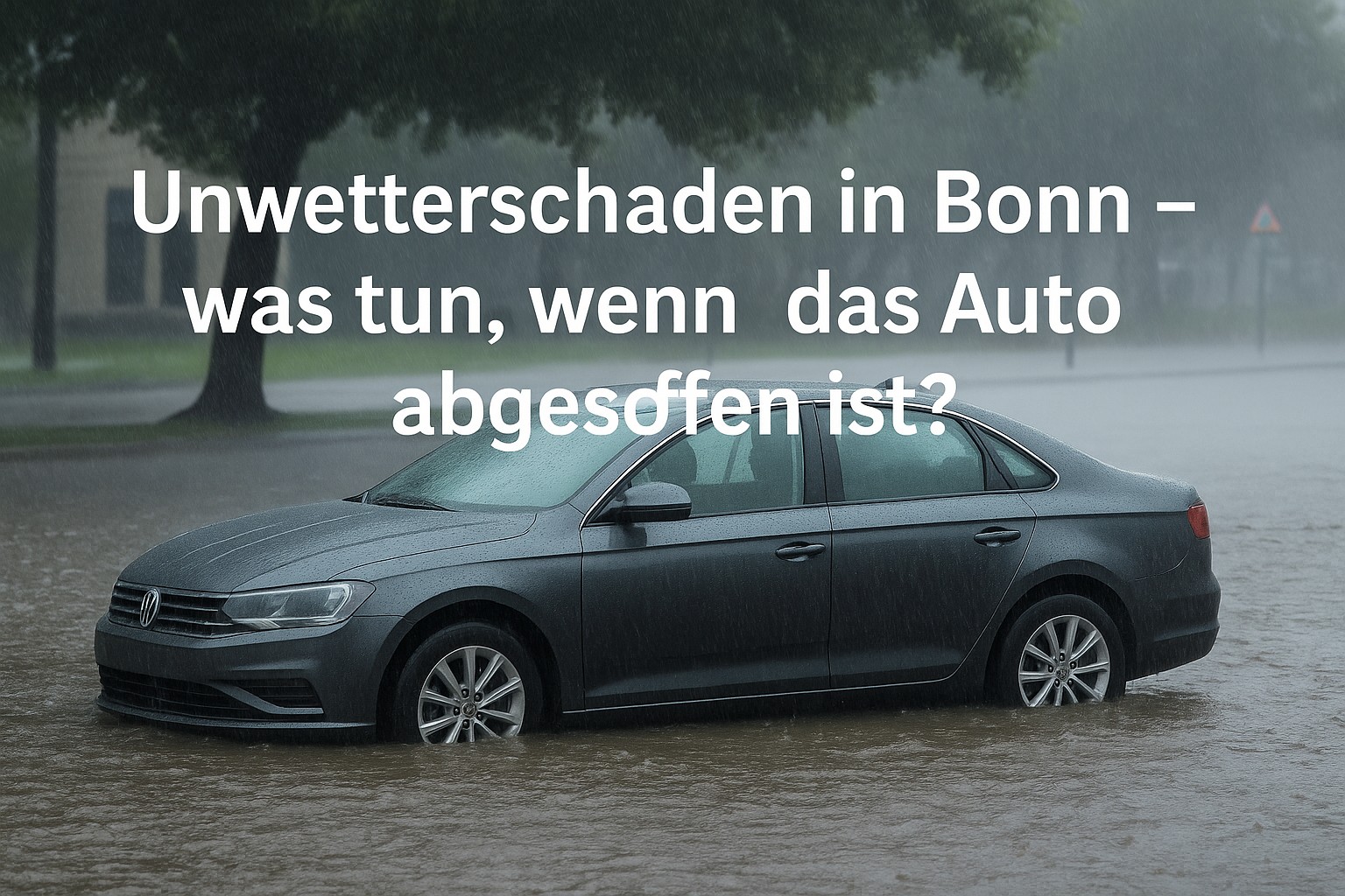 Ein dunkler Pkw steht halb im Hochwasser auf einer überfluteten Straße in Bonn – Symbolbild für Unwetterschäden und abgesoffene Autos.