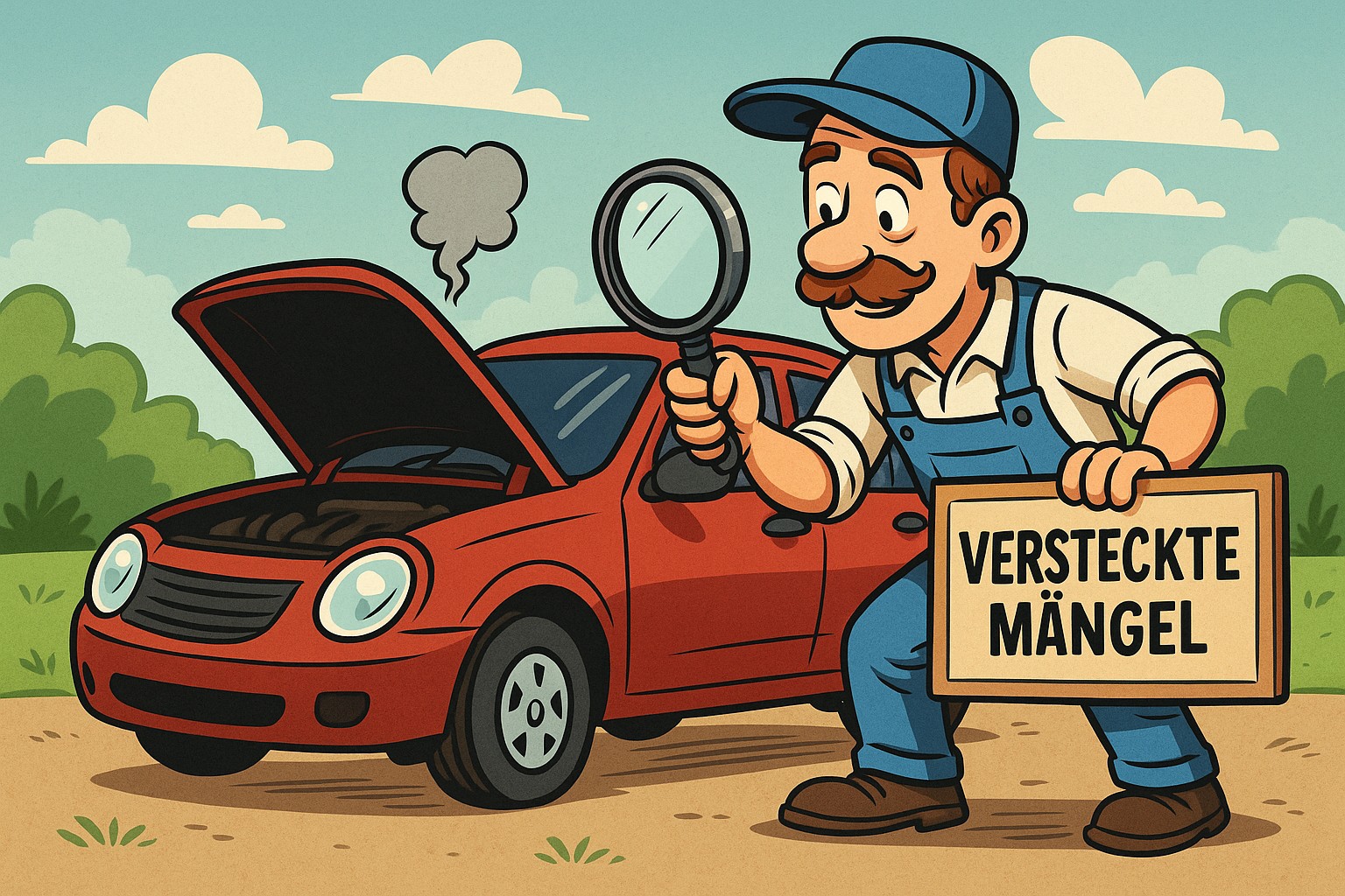 Cartoon eines Mechanikers mit Lupe, der ein Auto auf versteckte Mängel untersucht – humorvolle Illustration für Blogbeitrag von Autoankauf ADAM.