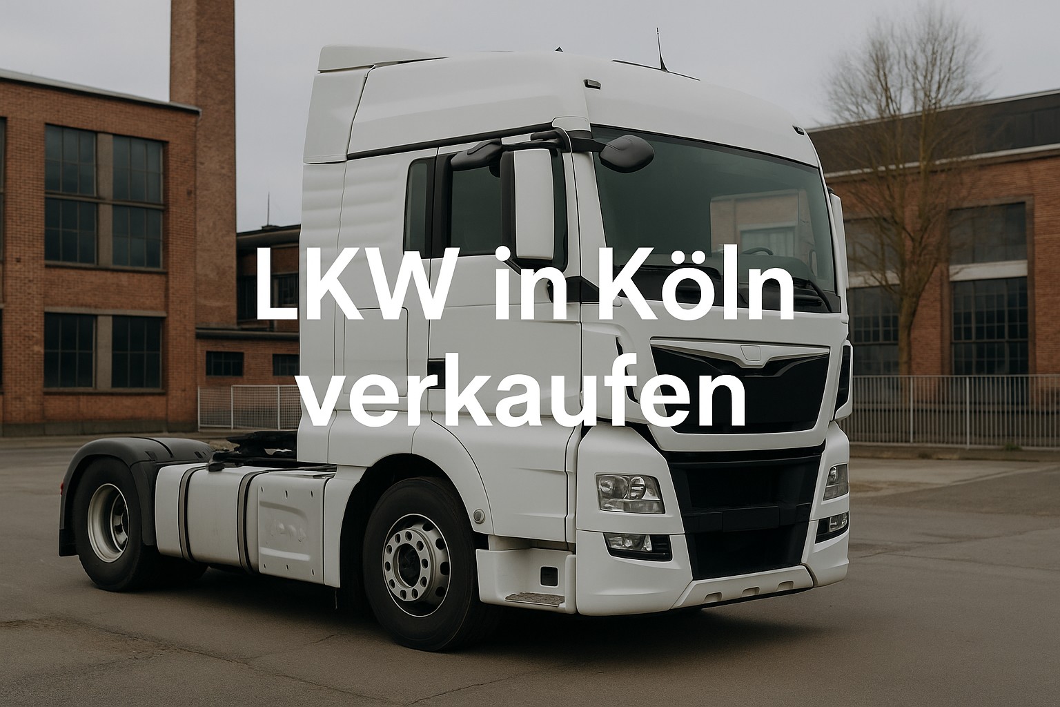 Moderner weißer LKW auf einem Industriegelände in Köln mit zentral platziertem Text: „LKW in Köln verkaufen – schnell, unkompliziert & zu Top-Preisen“. Unten leuchtet der orange CTA-Button „Autoankauf ADAM“