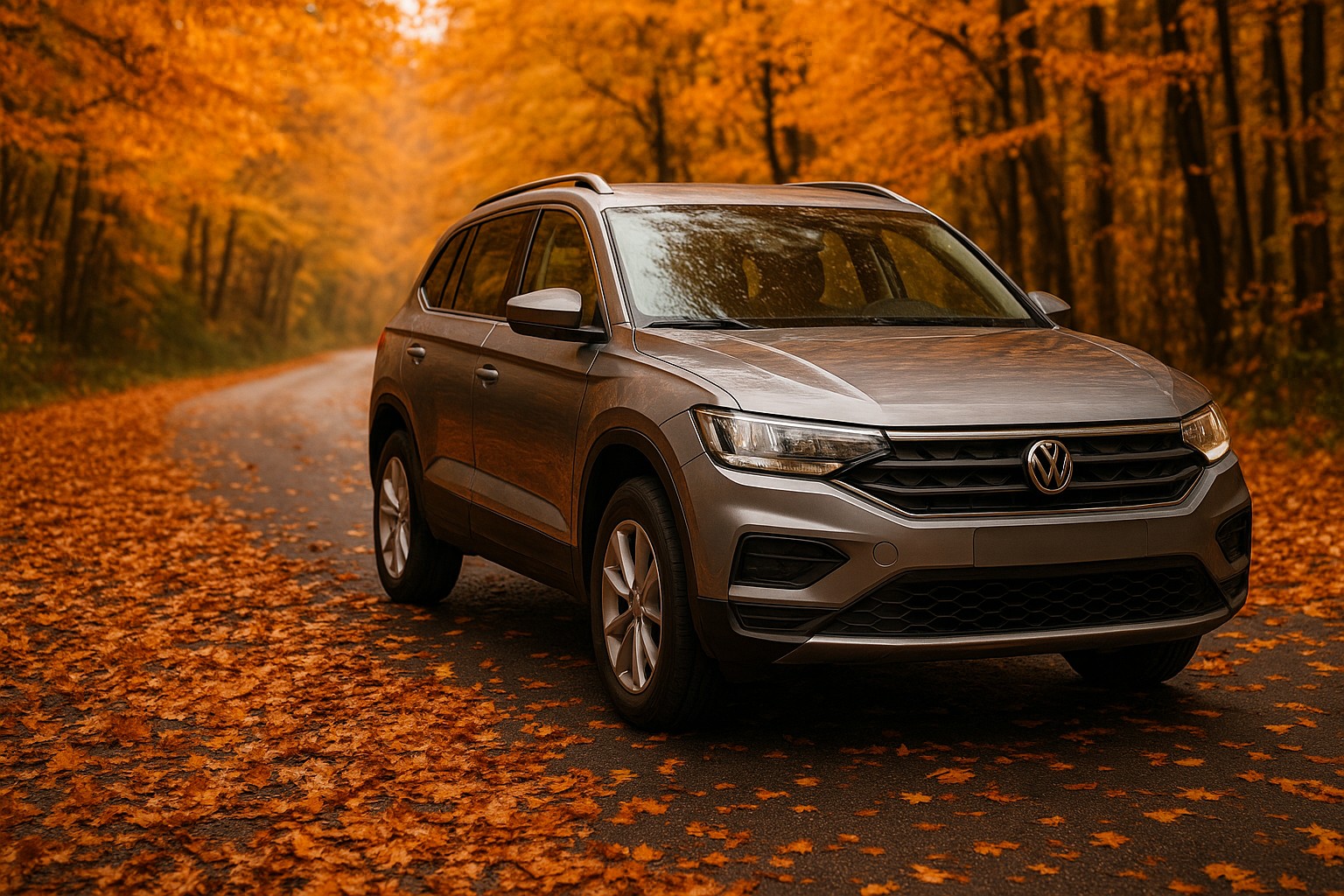 Ein silberner SUV steht auf einer herbstlich mit Laub bedeckten Straße, umgeben von leuchtend orangefarbenen Bäumen – ideal für einen Blog über den Autoverkauf im Herbst.