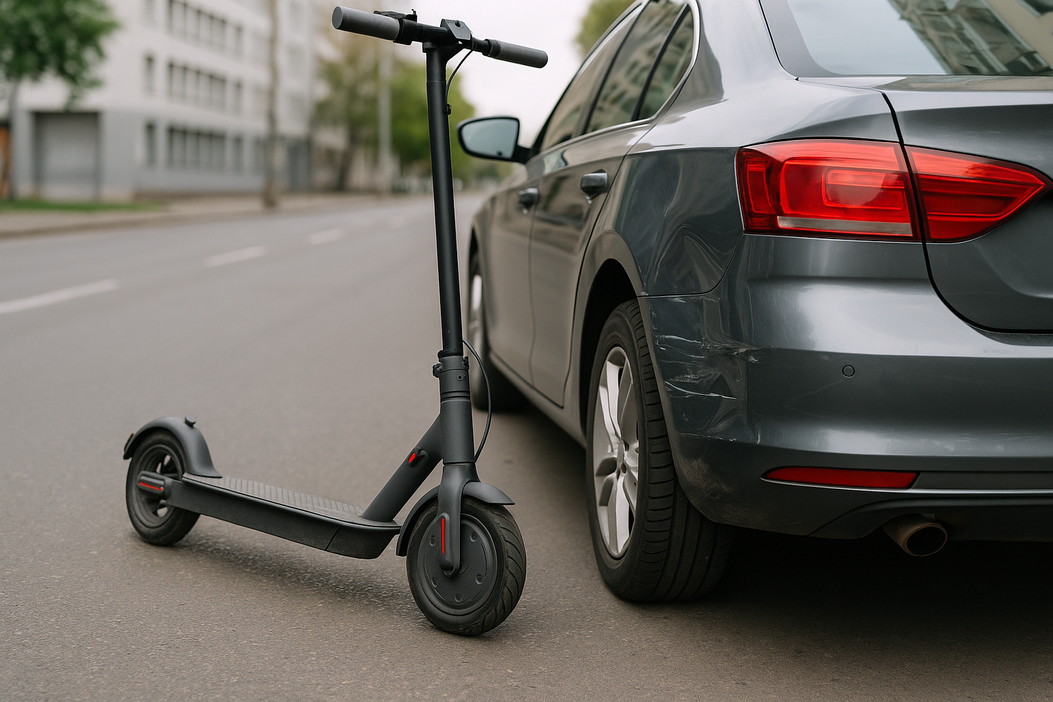 E-Scooter steht nach einem Zusammenstoß neben einem beschädigten Auto. Realistische Darstellung eines Unfalls zwischen Roller und Pkw.