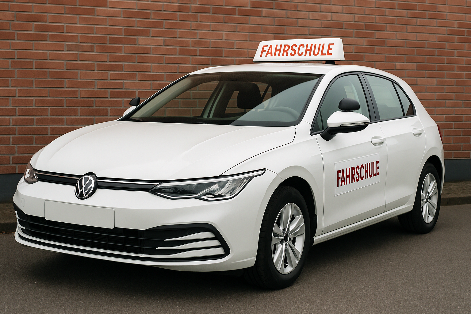 Weißes Fahrschulauto (VW Golf) im Querformat, sauber geparkt vor einer Backsteinwand – ideal als Titelbild für den Verkauf von Fahrschulwagen in Köln.