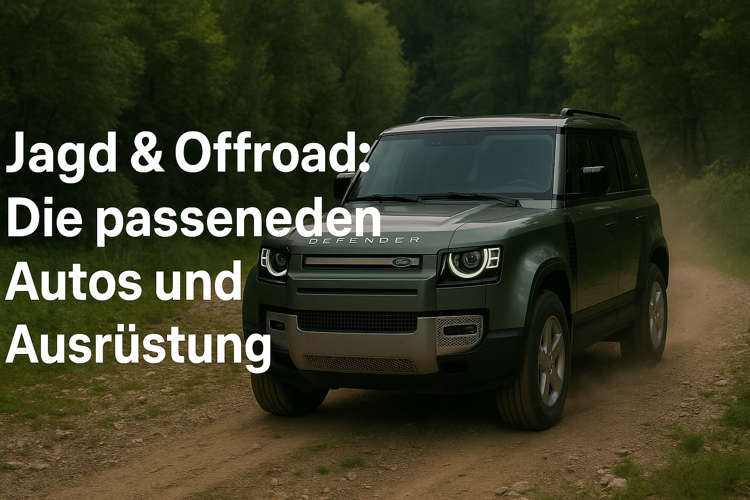 Land Rover Defender auf einem Waldweg – ideales Jagd- und Offroad-Fahrzeug. Perfekt für Jäger, die robuste Geländewagen und passende Ausrüstung suchen.