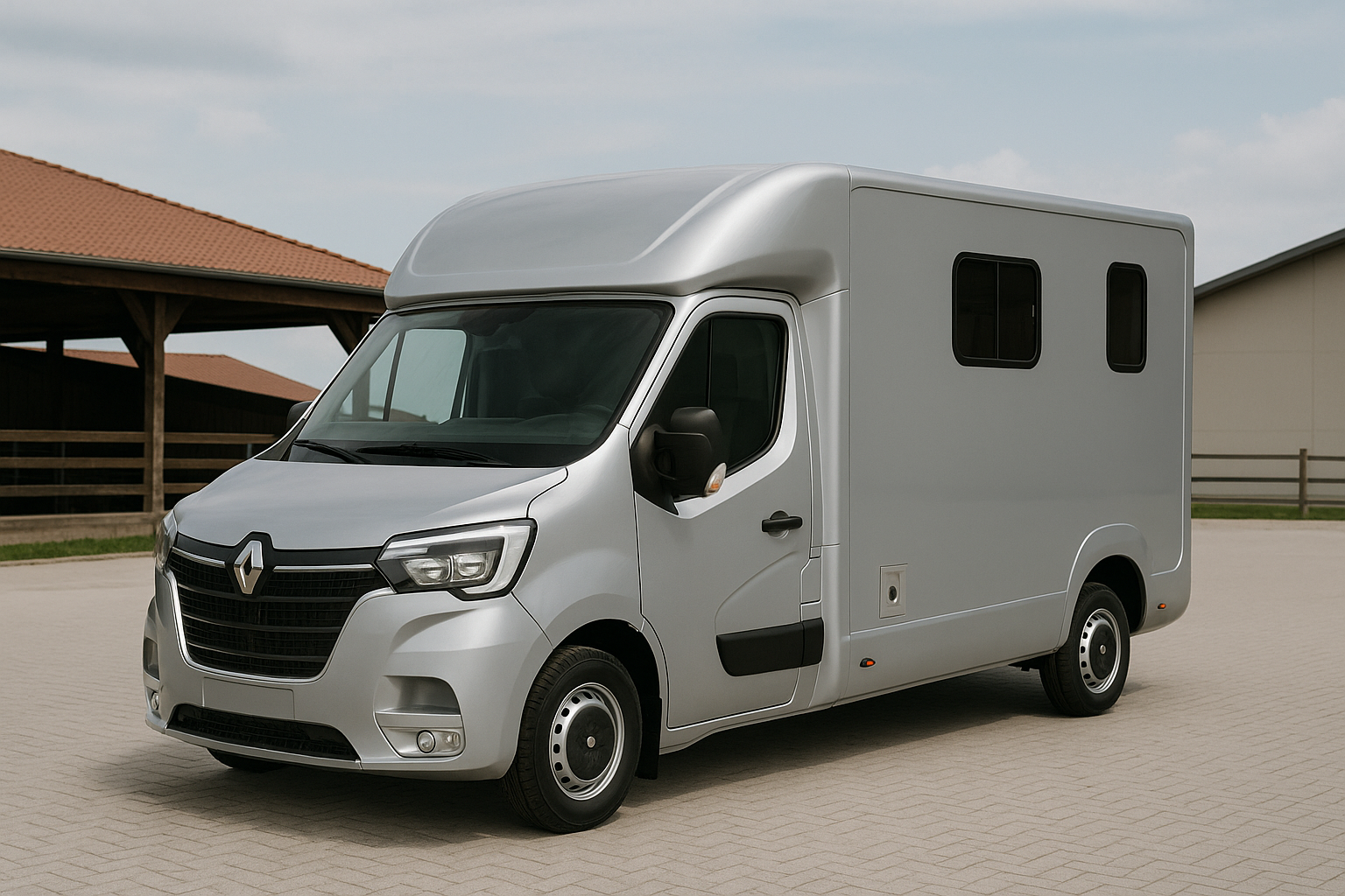 Moderner silberner Pferdetransporter ohne Beschriftung auf einem Reiterhof. Ideal für Verkauf, Transport und professionelle Fahrzeugpräsentation.