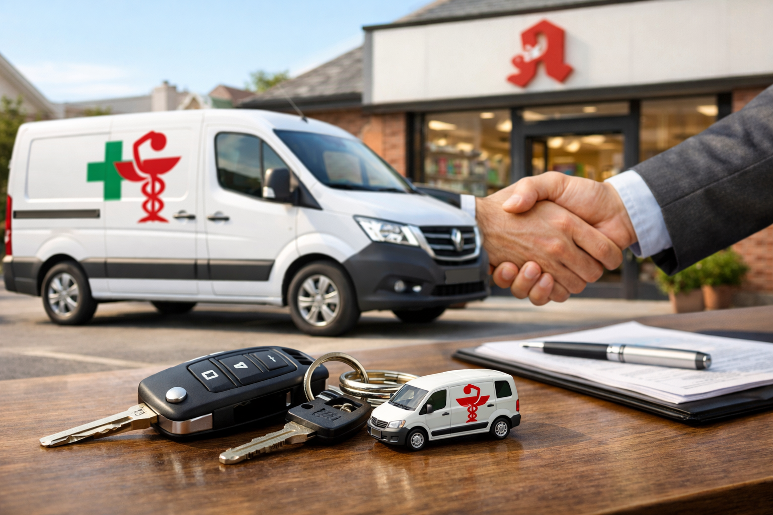 Apothekenfahrzeug beim Verkauf: moderner Lieferwagen vor Apotheke mit Schlüsselübergabe, symbolisiert einen schnellen und professionellen Fahrzeugverkauf.