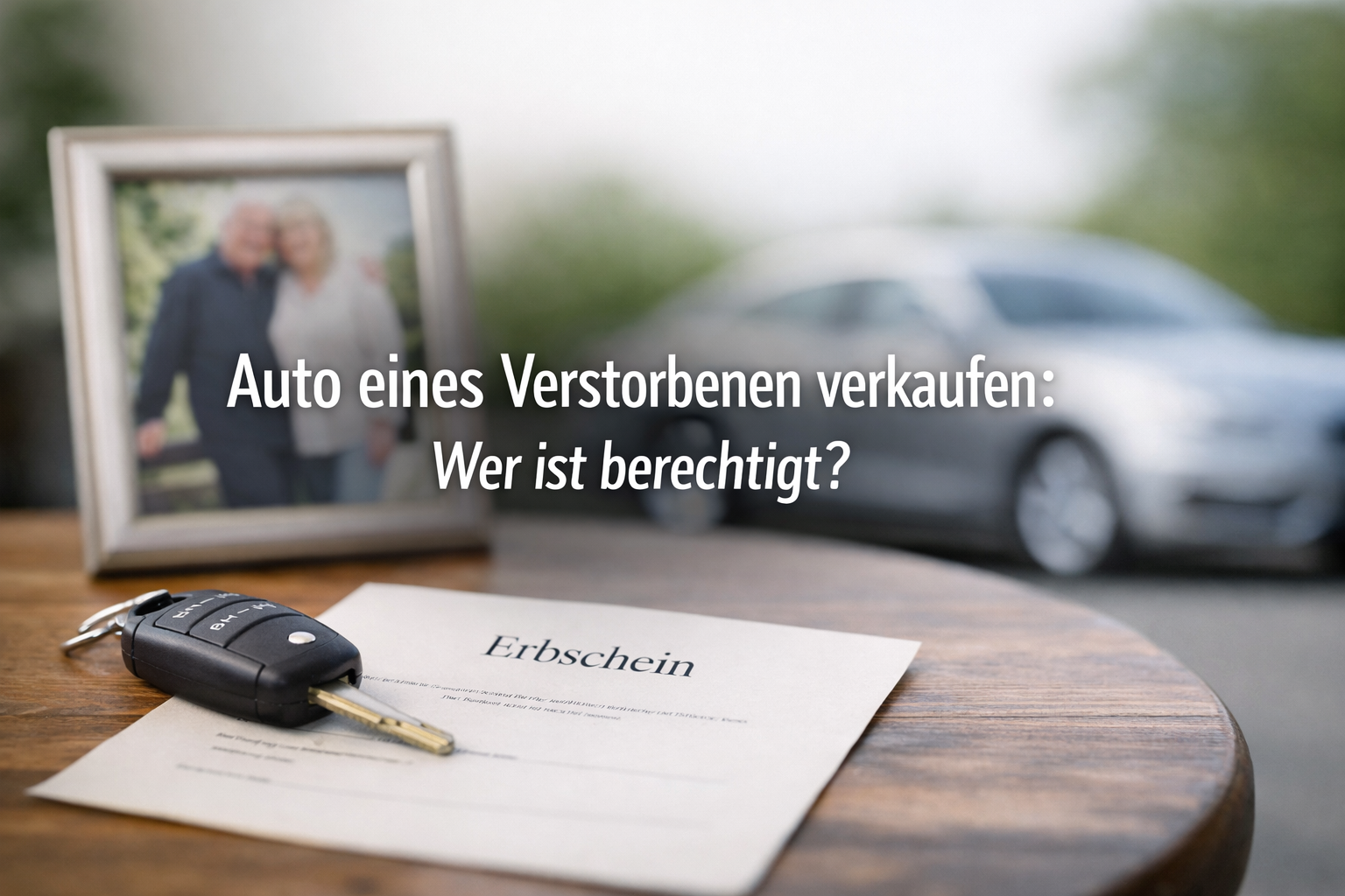 Auto eines Verstorbenen verkaufen – Symbolbild mit Autoschlüssel, Erbschein und unscharfem Fahrzeug im Hintergrund.