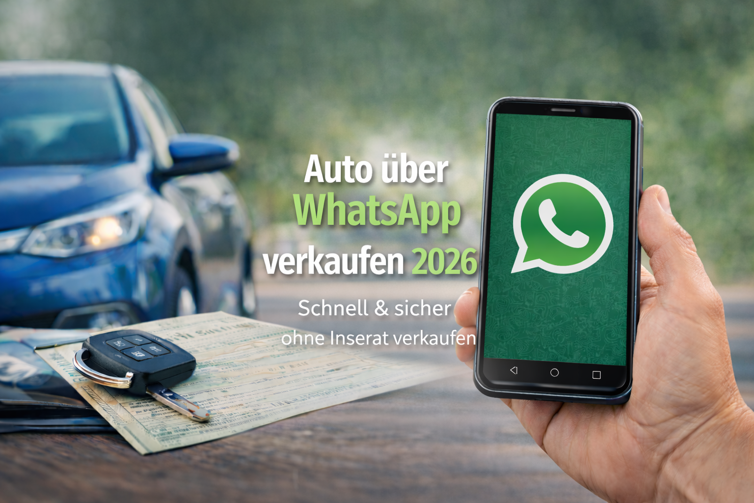 Auto über WhatsApp verkaufen 2026 – Smartphone mit WhatsApp-Symbol und Fahrzeug im Hintergrund.