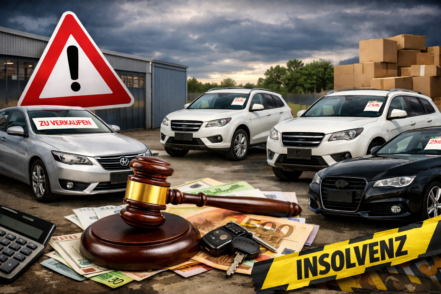 Symbolisches Querformat-Bild zum Thema Fahrzeugverkauf aus Insolvenz oder Firmenauflösung: Mehrere Autos auf einem Firmengelände, kombiniert mit Auktionshammer, Autoschlüsseln und Geldscheinen – ohne Text, ideal für Website, Blog oder Header.