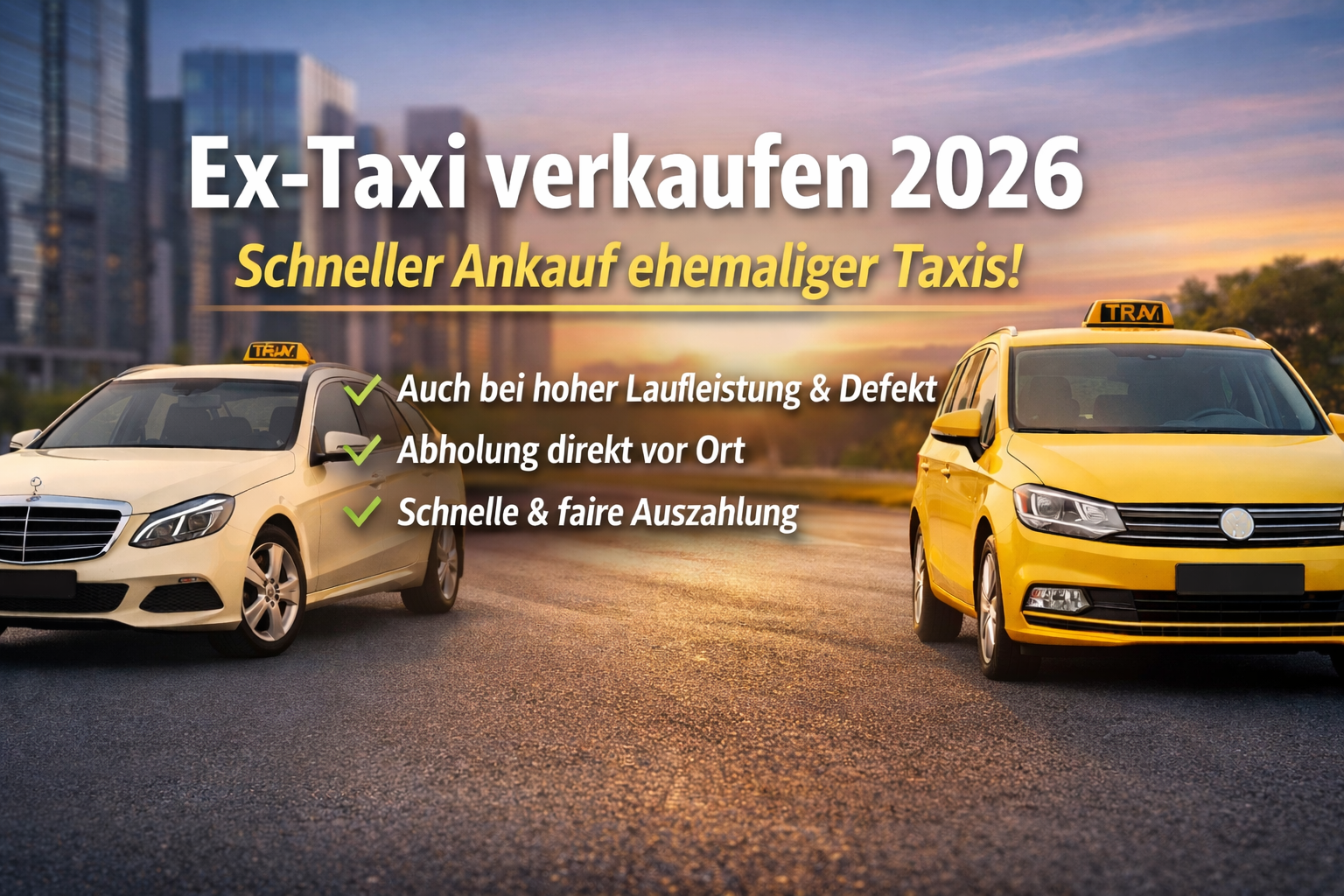 Ex-Taxi verkaufen 2026: Zwei ehemalige Taxis symbolisieren den schnellen und fairen Ankauf von Taxifahrzeugen – auch bei hoher Laufleistung oder Defekt.