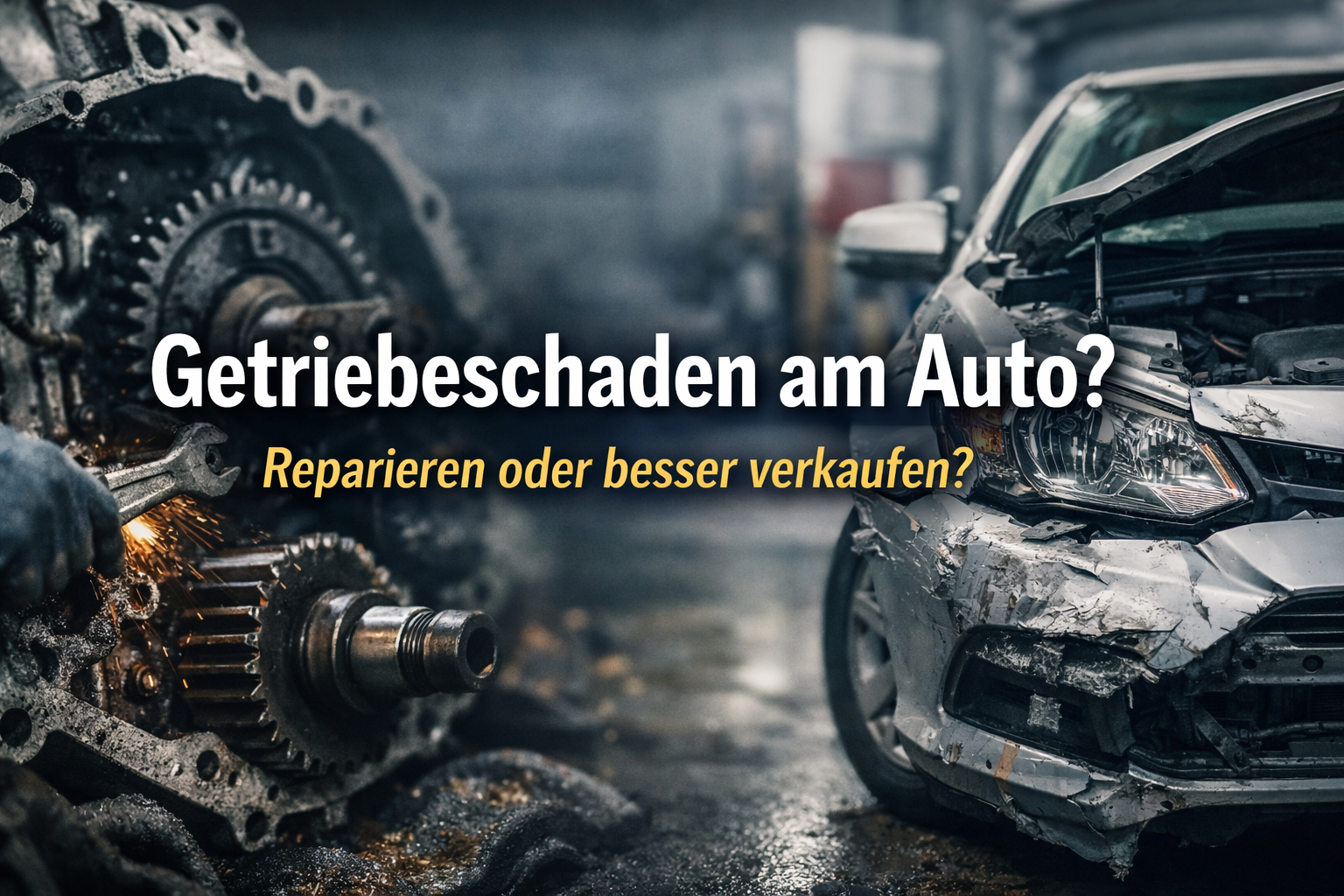 Getriebeschaden am Auto – defektes Getriebe und beschädigtes Fahrzeug mit Hinweis auf Reparatur oder Verkauf.