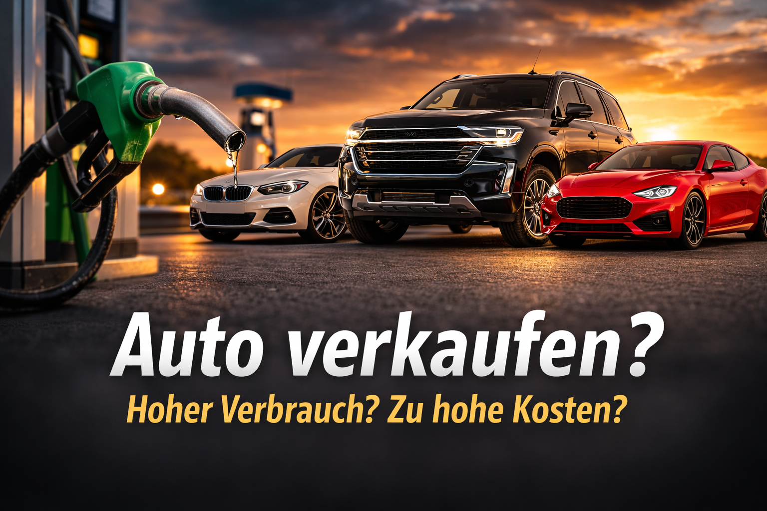 Auto mit hohem Spritverbrauch an der Tankstelle. Illustration zu steigenden Spritkosten und Autoverkauf