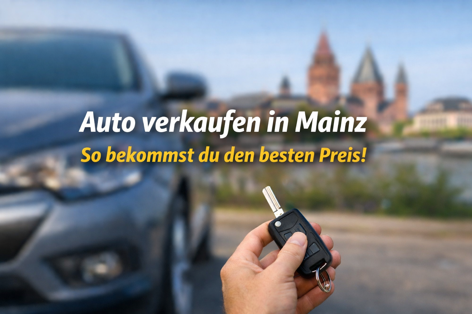 Auto verkaufen in Mainz. Schlüssel vor Auto mit Mainz Skyline im Hintergrund