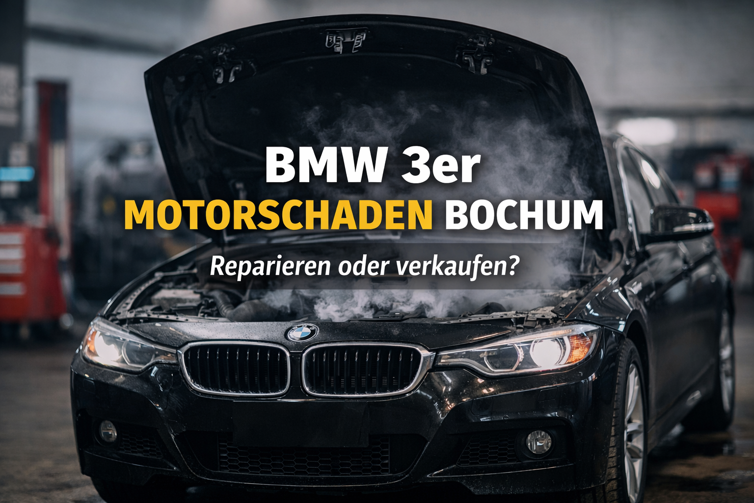 BMW 3er mit Motorschaden in einer Werkstatt in Bochum. Reparieren oder verkaufen