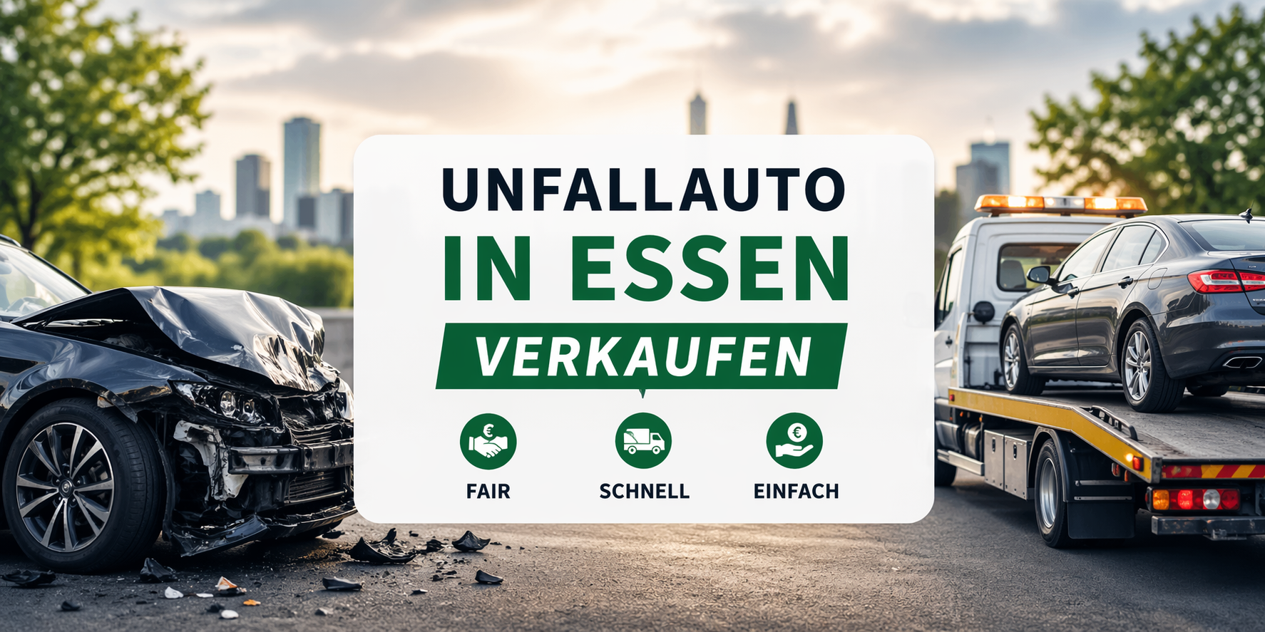 Unfallauto in Essen verkaufen. Beschädigtes Fahrzeug wird von Abschleppwagen abgeholt