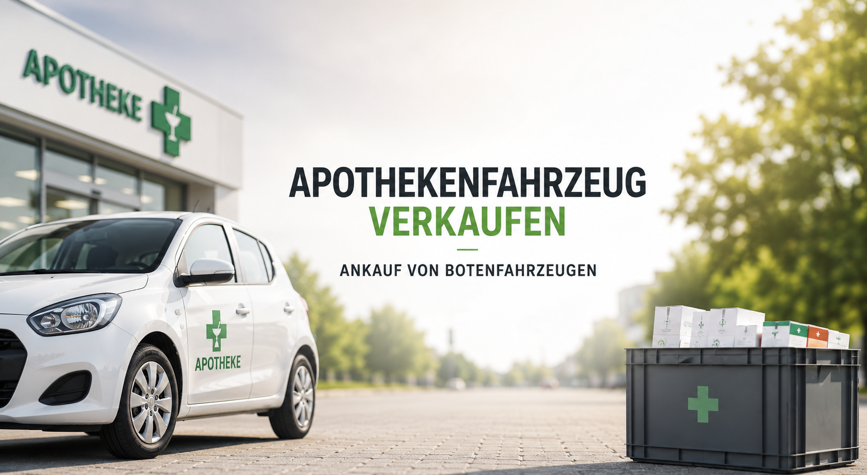 Apothekenfahrzeug vor Apotheke beim Ankauf von Botenfahrzeugen durch Autoankauf ADAM im Querformat