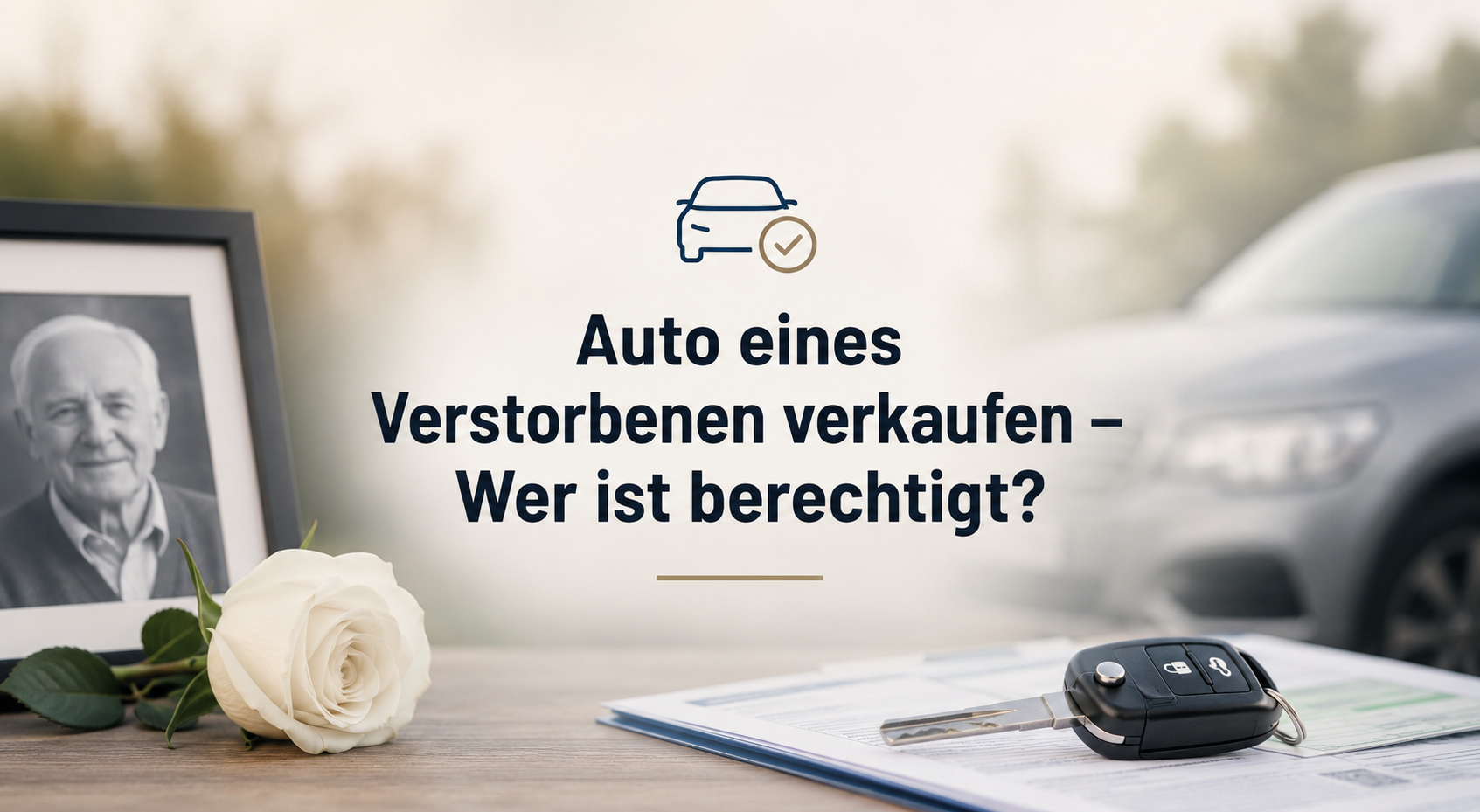Symbolbild zum Verkauf eines Autos aus einem Nachlass mit Autoschlüssel, Dokumenten, weißer Rose und Portraitfoto im Querformat.