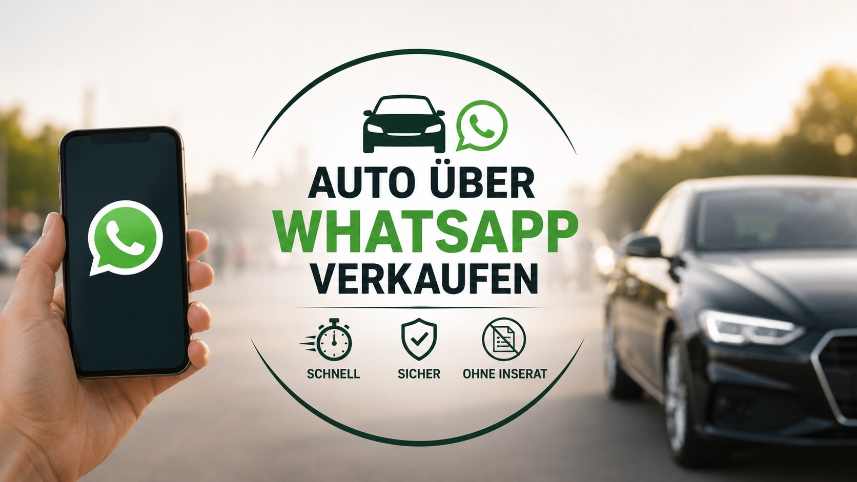 Smartphone mit WhatsApp-Symbol neben Auto. Symbolbild für den schnellen und sicheren Autoverkauf über WhatsApp ohne Inserat.