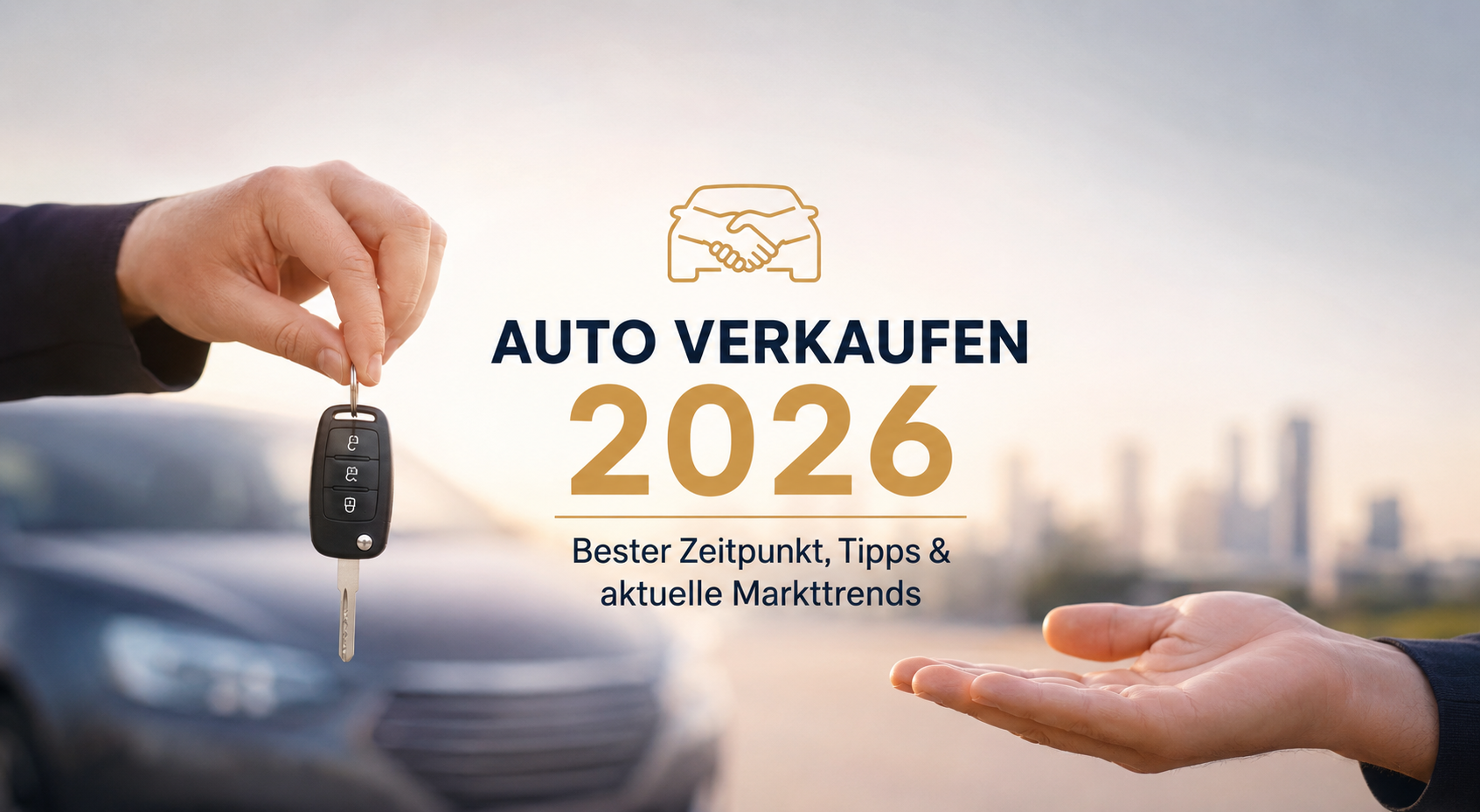 Auto verkaufen 2026. Symbolbild mit Fahrzeugschlüsselübergabe und aktuellem Gebrauchtwagenmarkt im Hintergrund im Querformat.