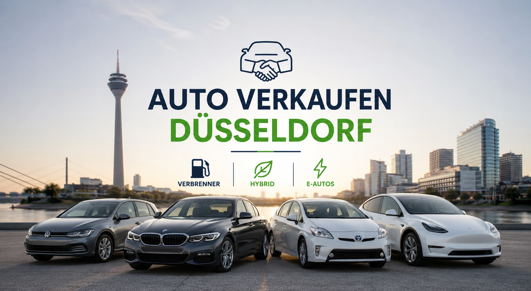 Moderne Benzin-, Hybrid- und Elektroautos vor der Düsseldorfer Skyline mit Hinweis auf schnellen Autoankauf in Düsseldorf 2026.