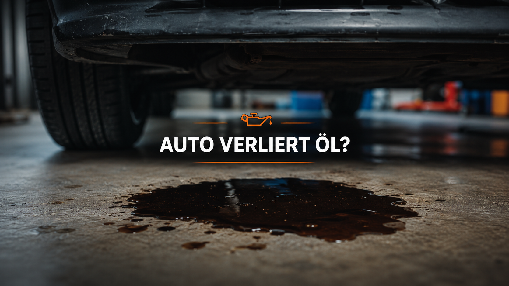 Auto mit Ölverlust in einer Werkstatt. Ölfleck unter dem Fahrzeug als Symbol für Motorschaden und Reparaturkosten 2026.