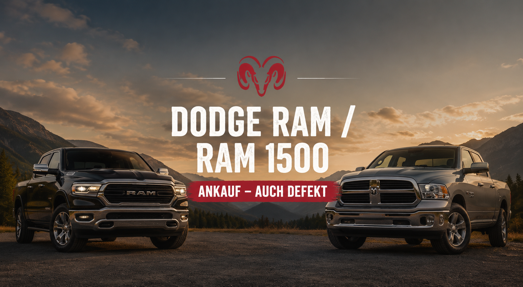 Zwei Dodge RAM beziehungsweise RAM 1500 Pick-ups beim Sonnenuntergang mit dem Schriftzug „Dodge RAM / RAM 1500 Ankauf – auch defekt“ im Querformat.